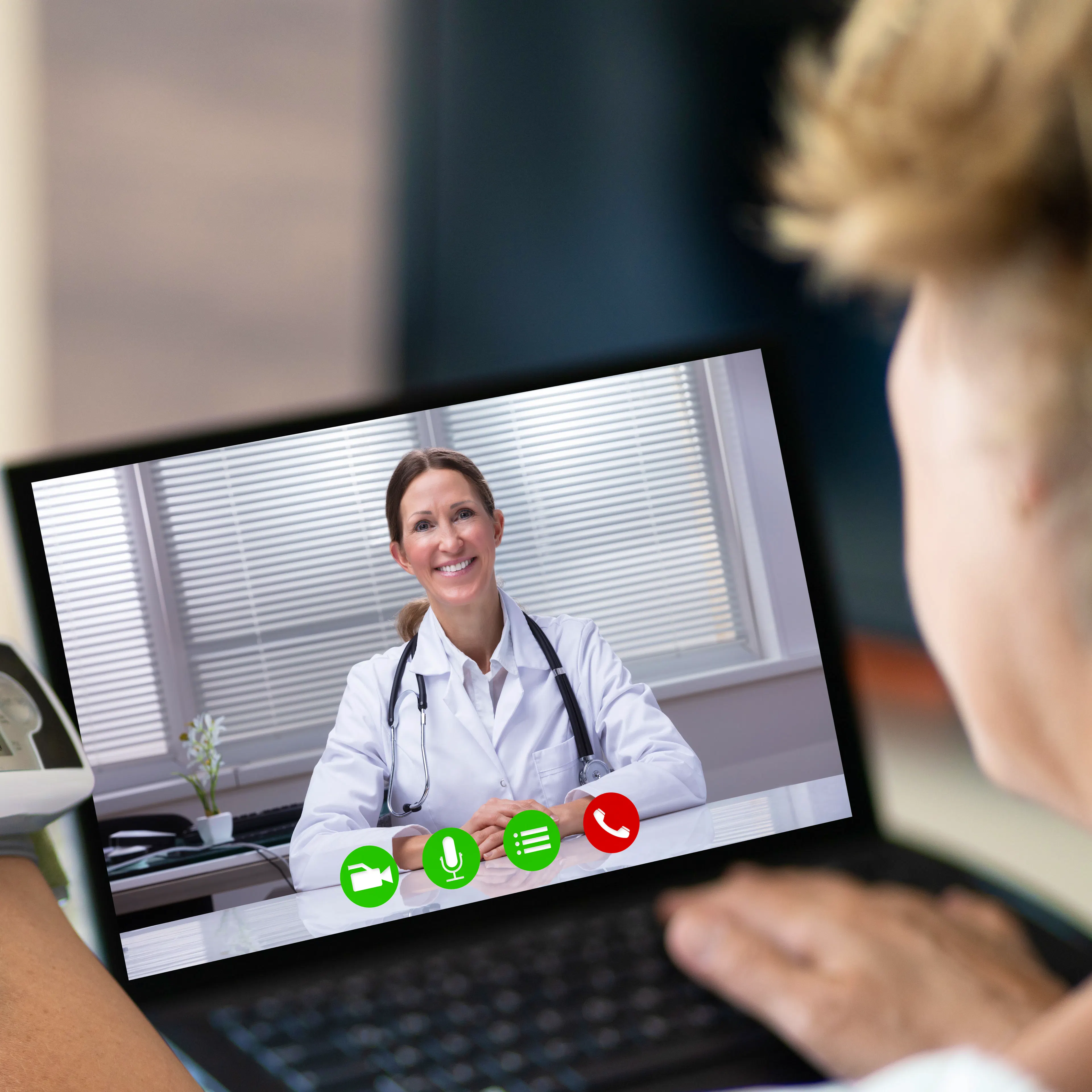A patient is doing a telehealth visit or virtual urgent care.