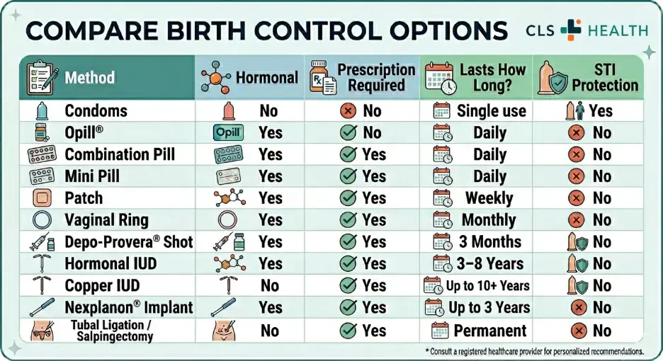 A table comparing birth control options and methods.