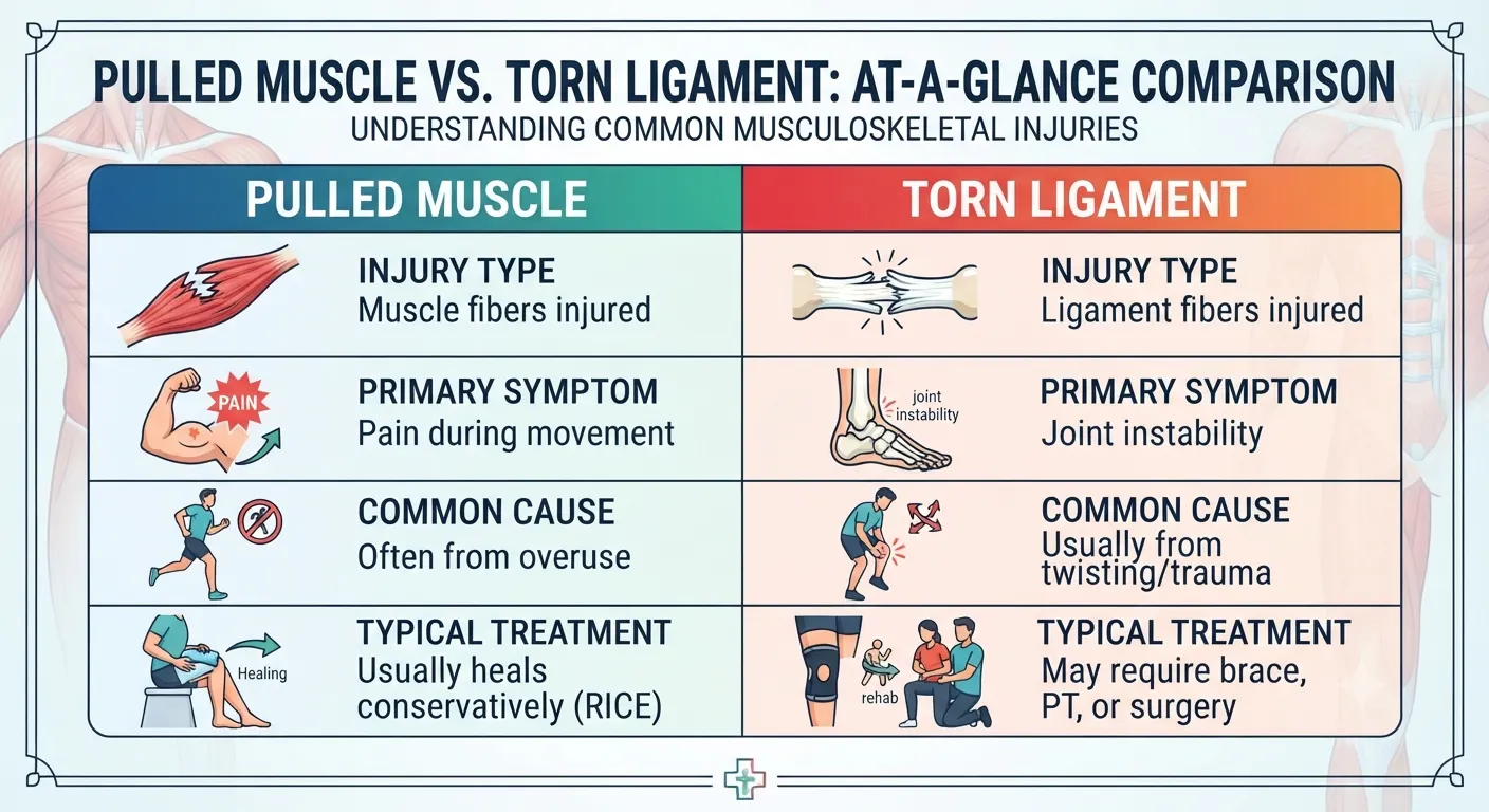 Comparison chart showing differences between a pulled muscle and torn ligament