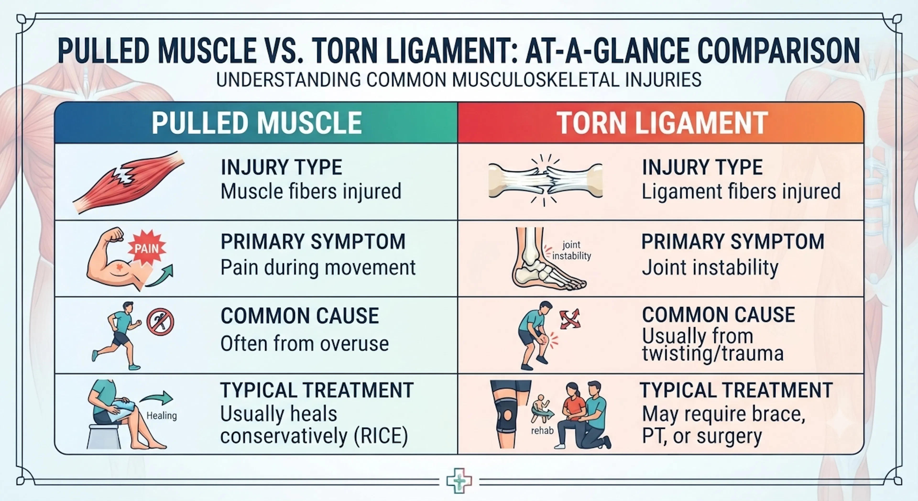 Comparison chart showing differences between a pulled muscle and torn ligament