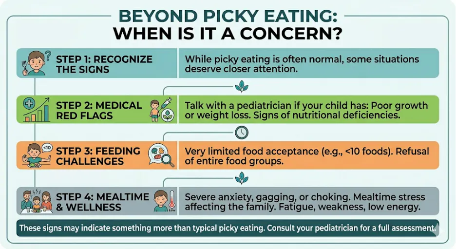 A table showing when it's time to be concerned about a child's picky eating habits.