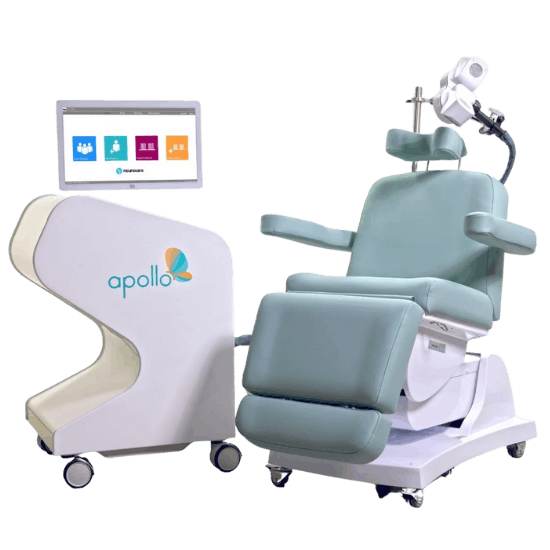 The Apollo TMS Therapy machine is shown and appears as a chair with a headpiece connected to a screen.