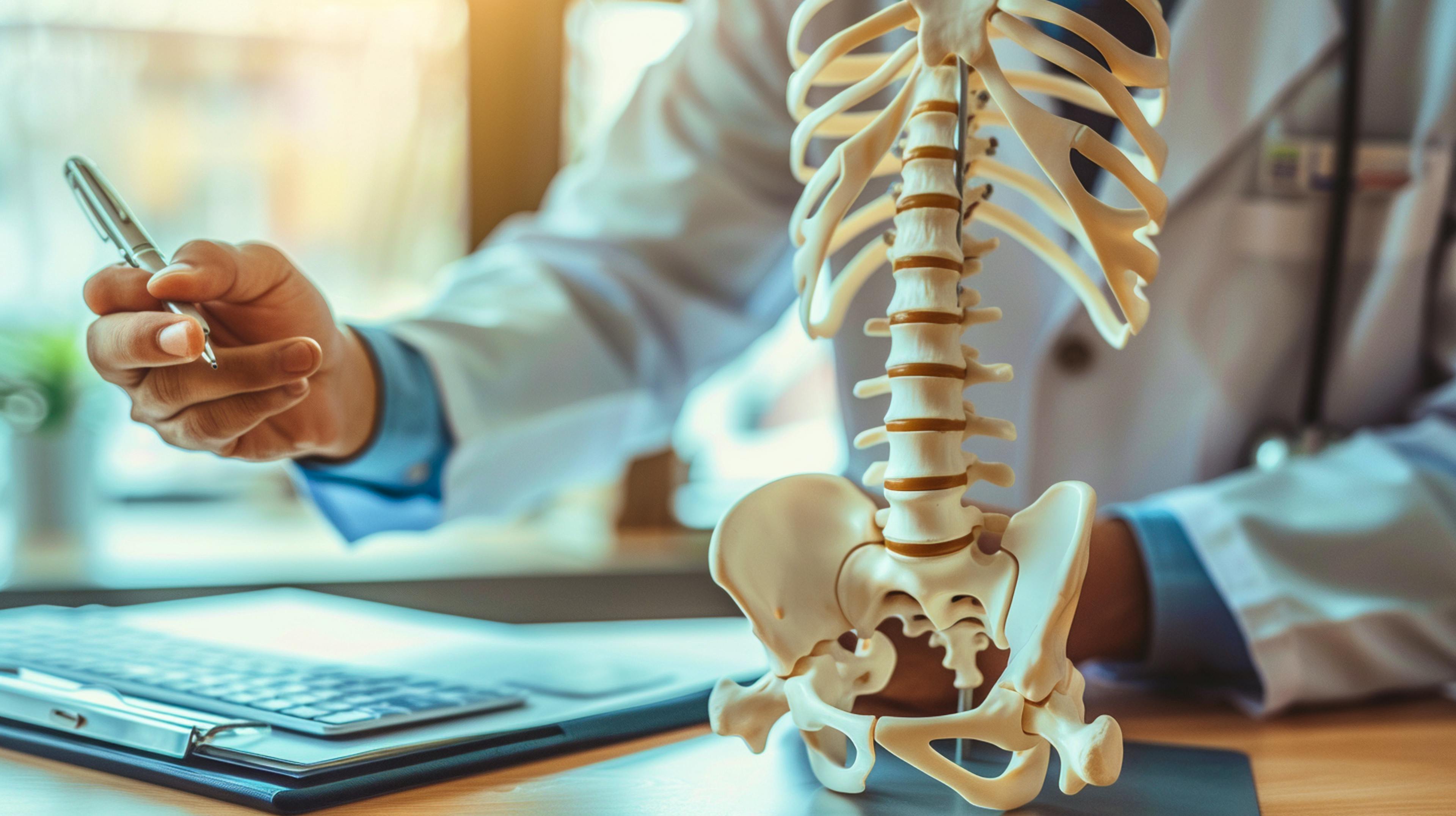 Closeup of a doctor pointing to a human spine model with a pen, emphasizing spinal healthcare and back pain treatment.