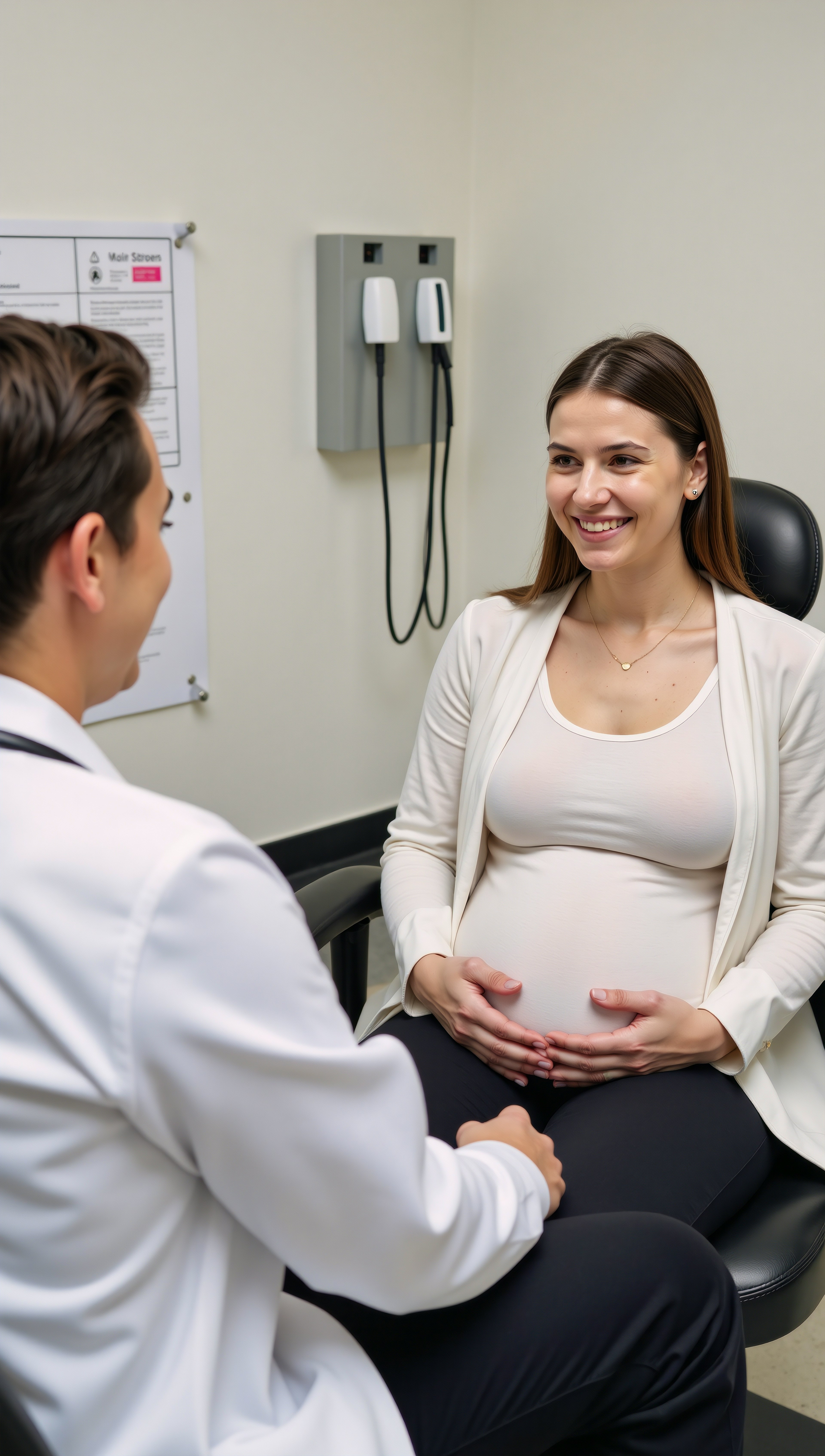 A pregnant woman is seated as she consults with her doctor.