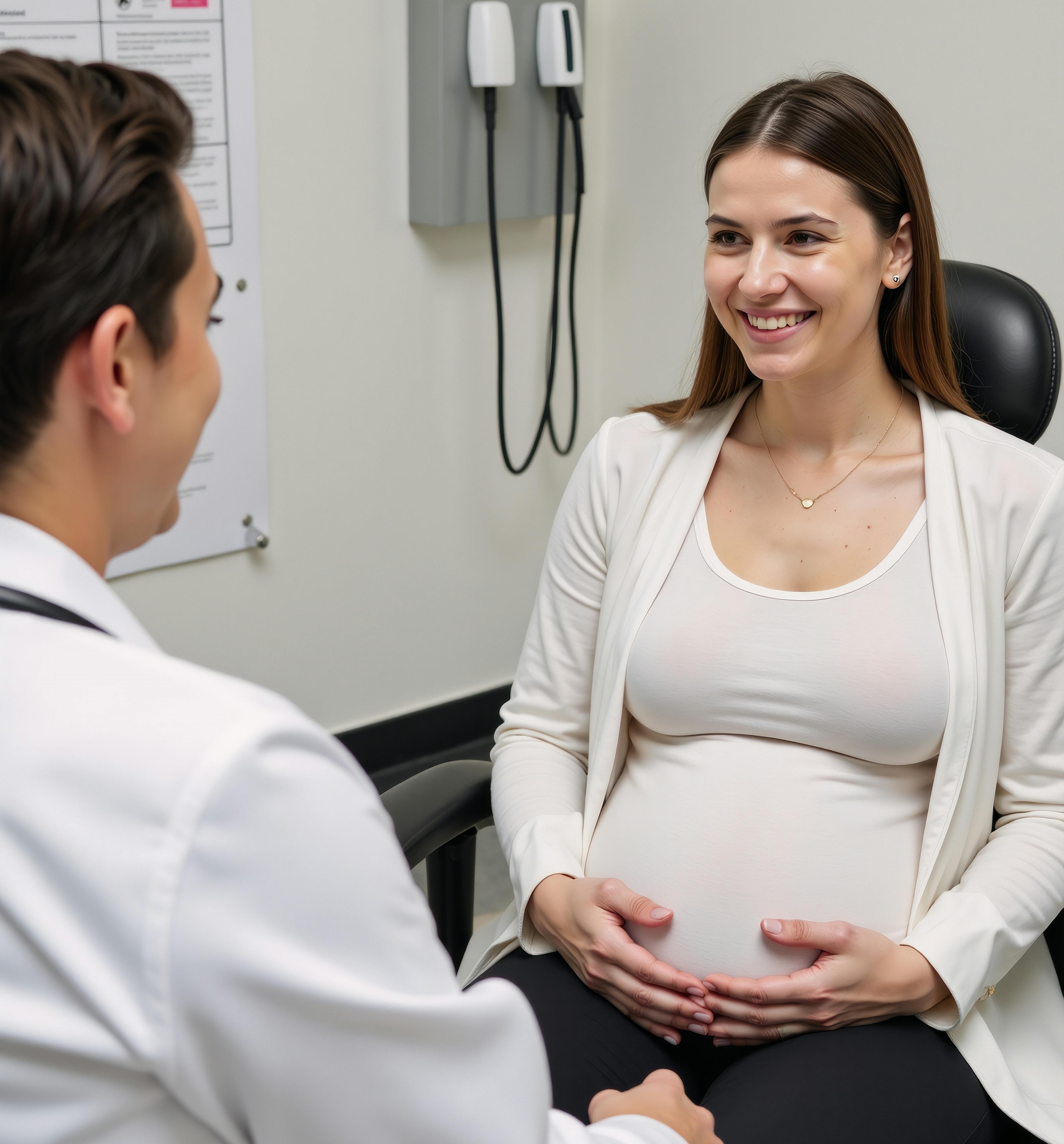 A pregnant woman is seated as she consults with her doctor.