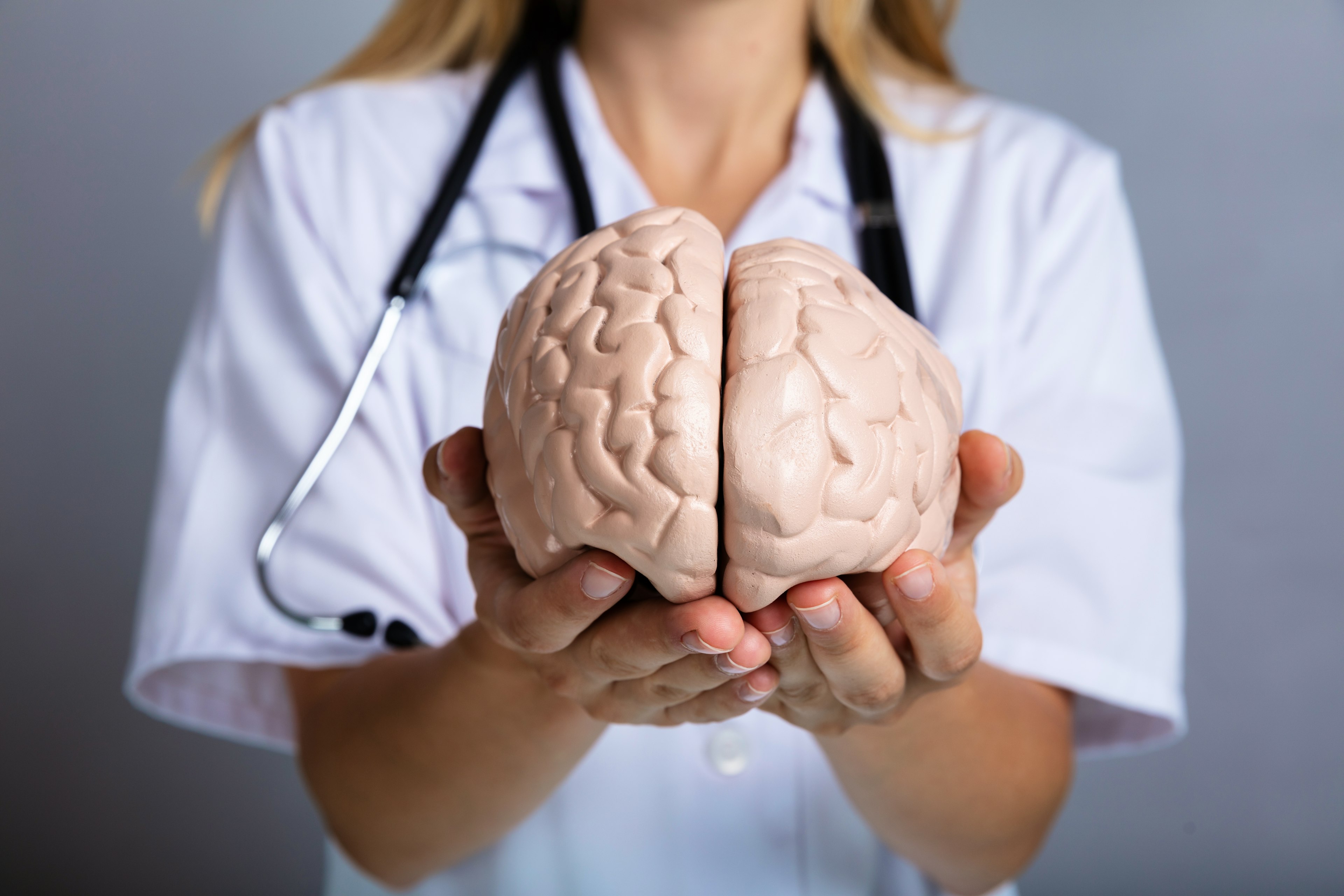 A female healthcare provider holding a brain model, symbolizing neurology and brain health.