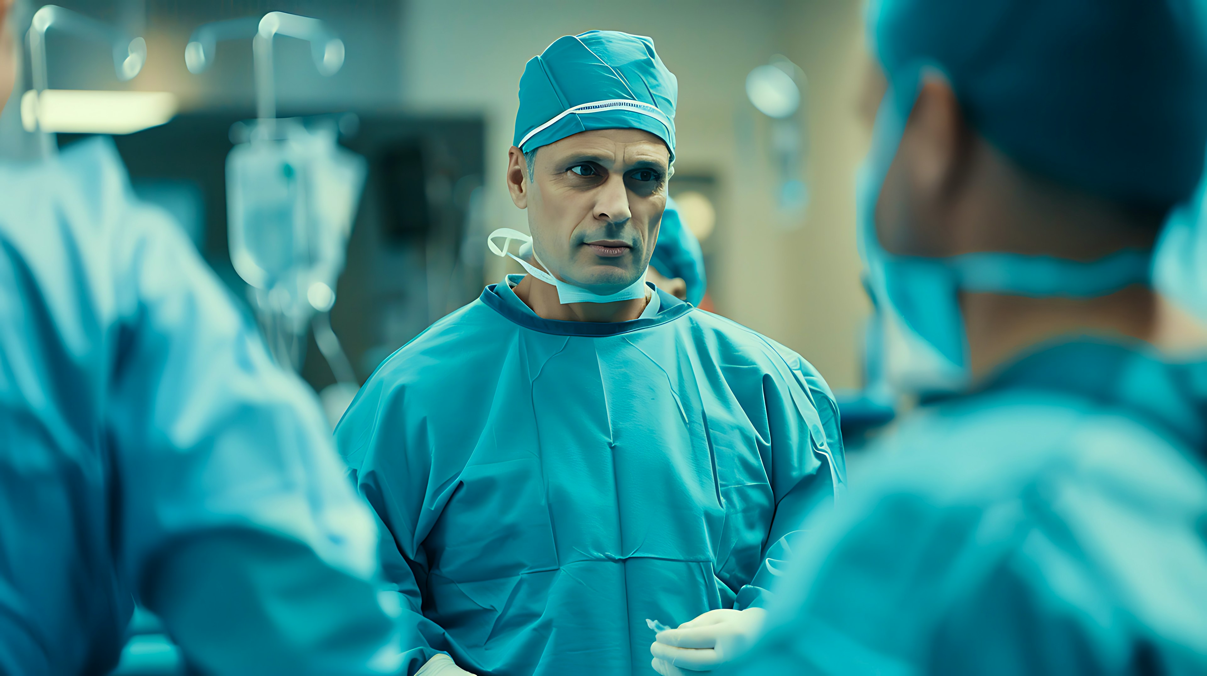 A physician in scrubs consulting with other healthcare providers in an operating room.