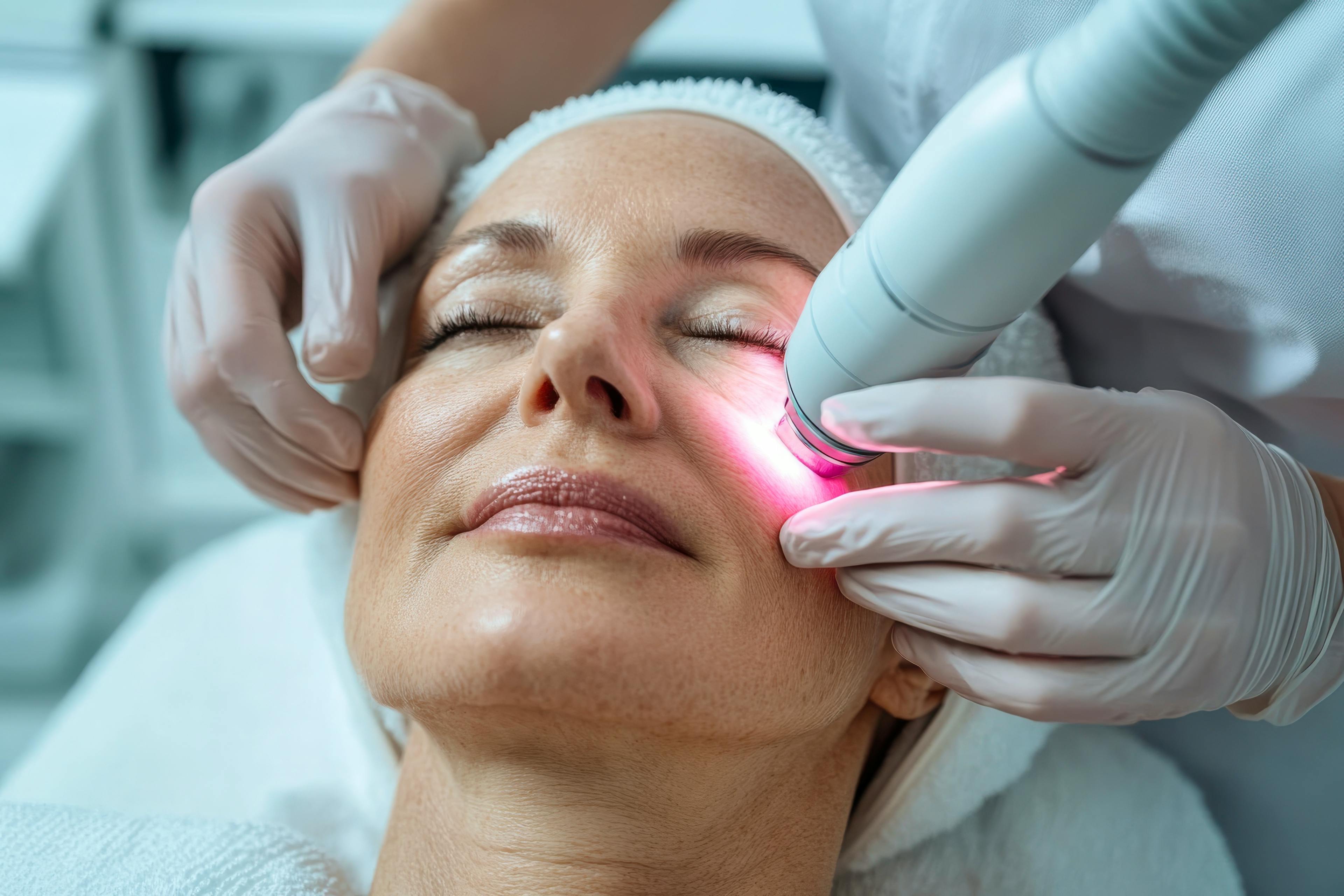 A female patient receiving cosmetic laser treatment on the left side of her face.