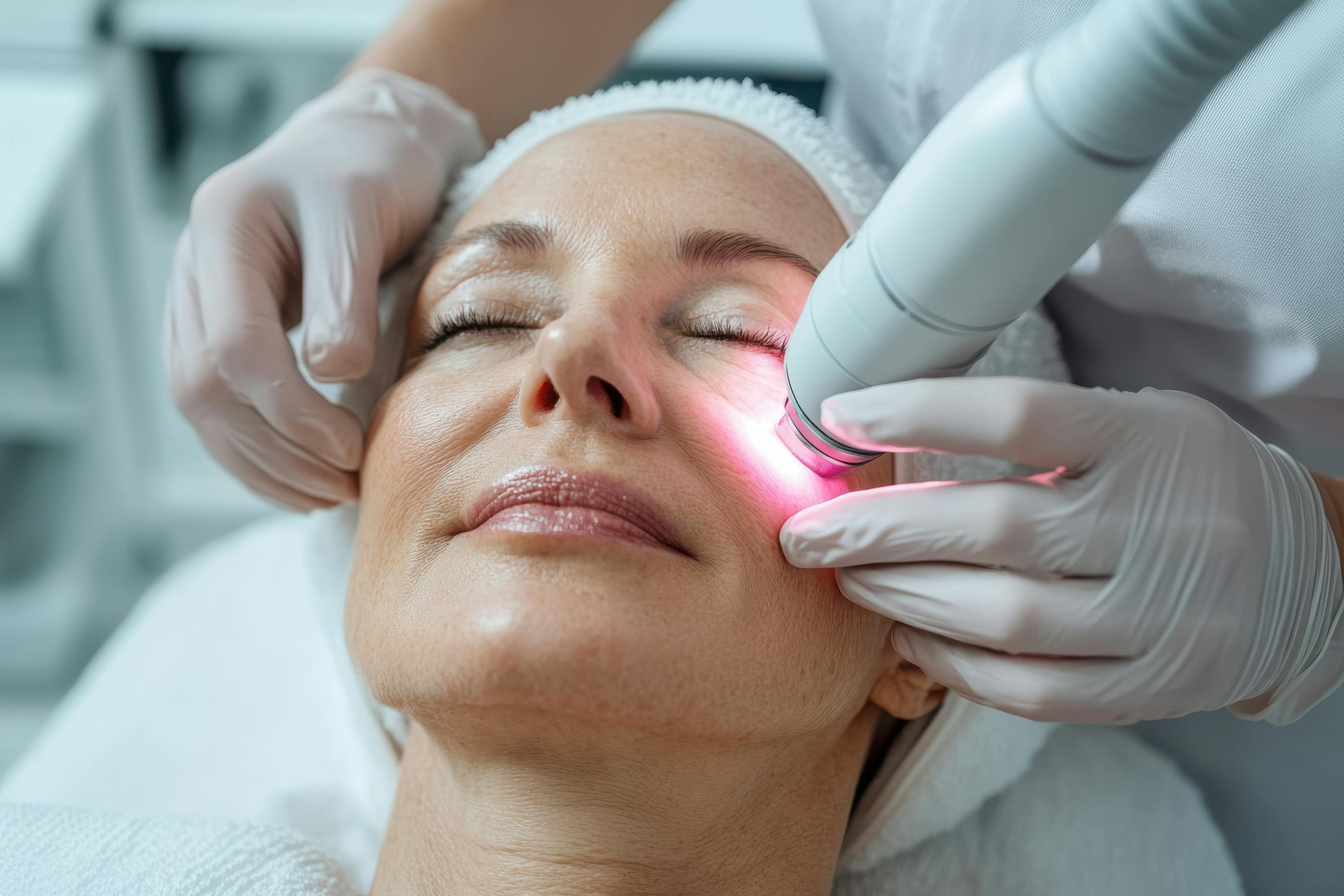 A female patient receiving cosmetic laser treatment on the left side of her face.