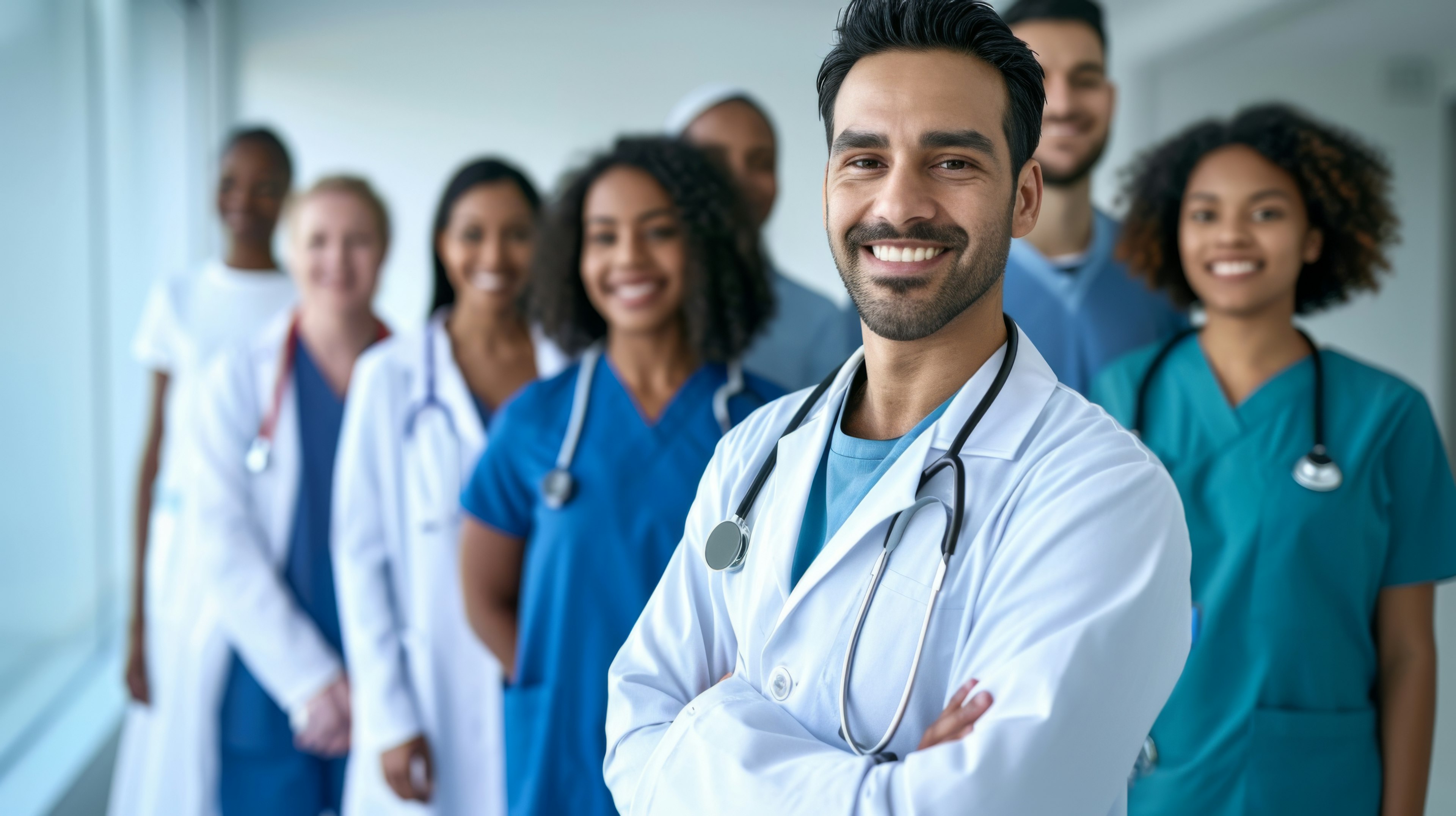 A group of diverse healthcare providers in lab coats and scrubs.