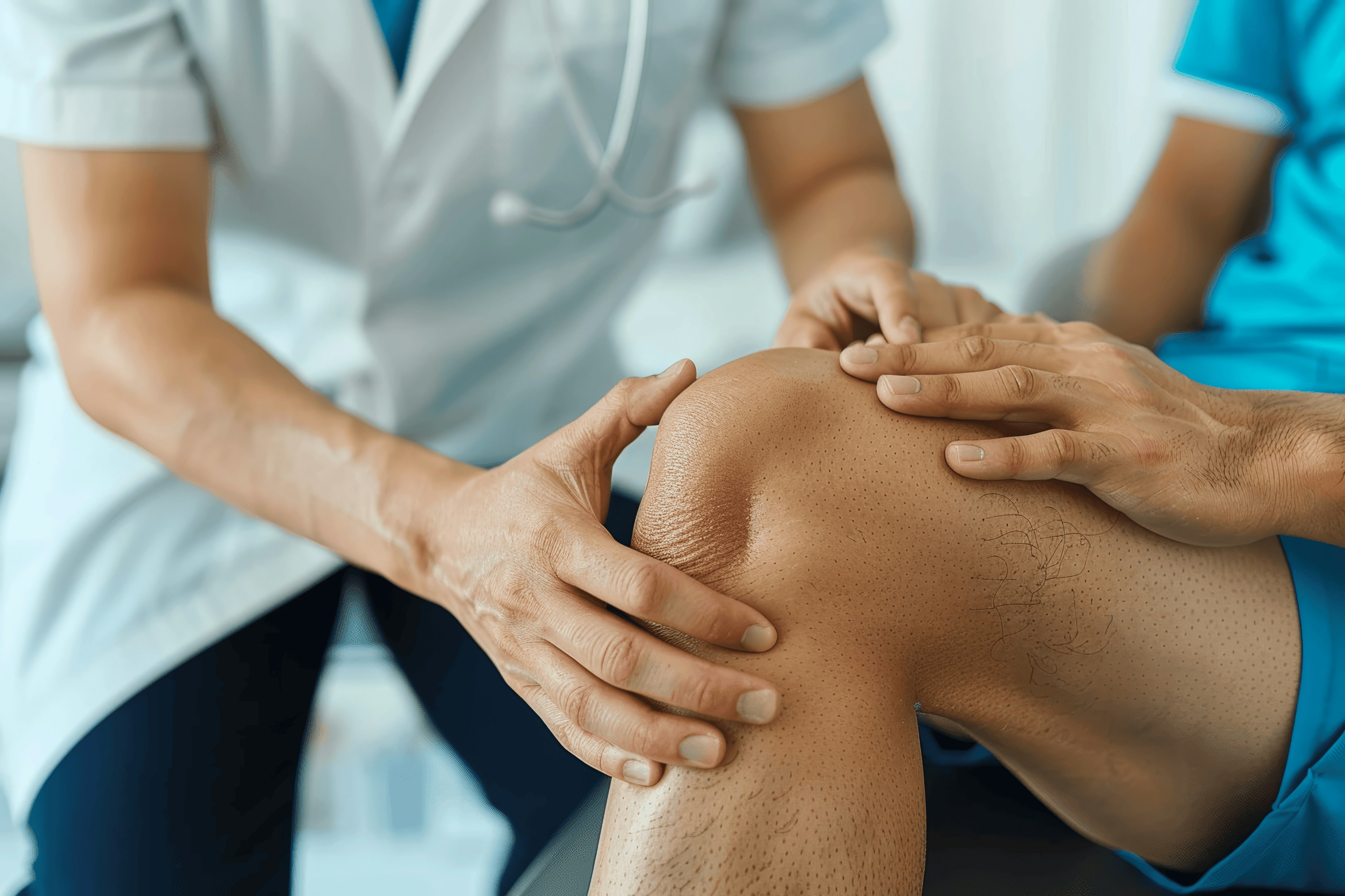 A physician placing his hands above and below a male patient's knee to perform a physical evaluation.