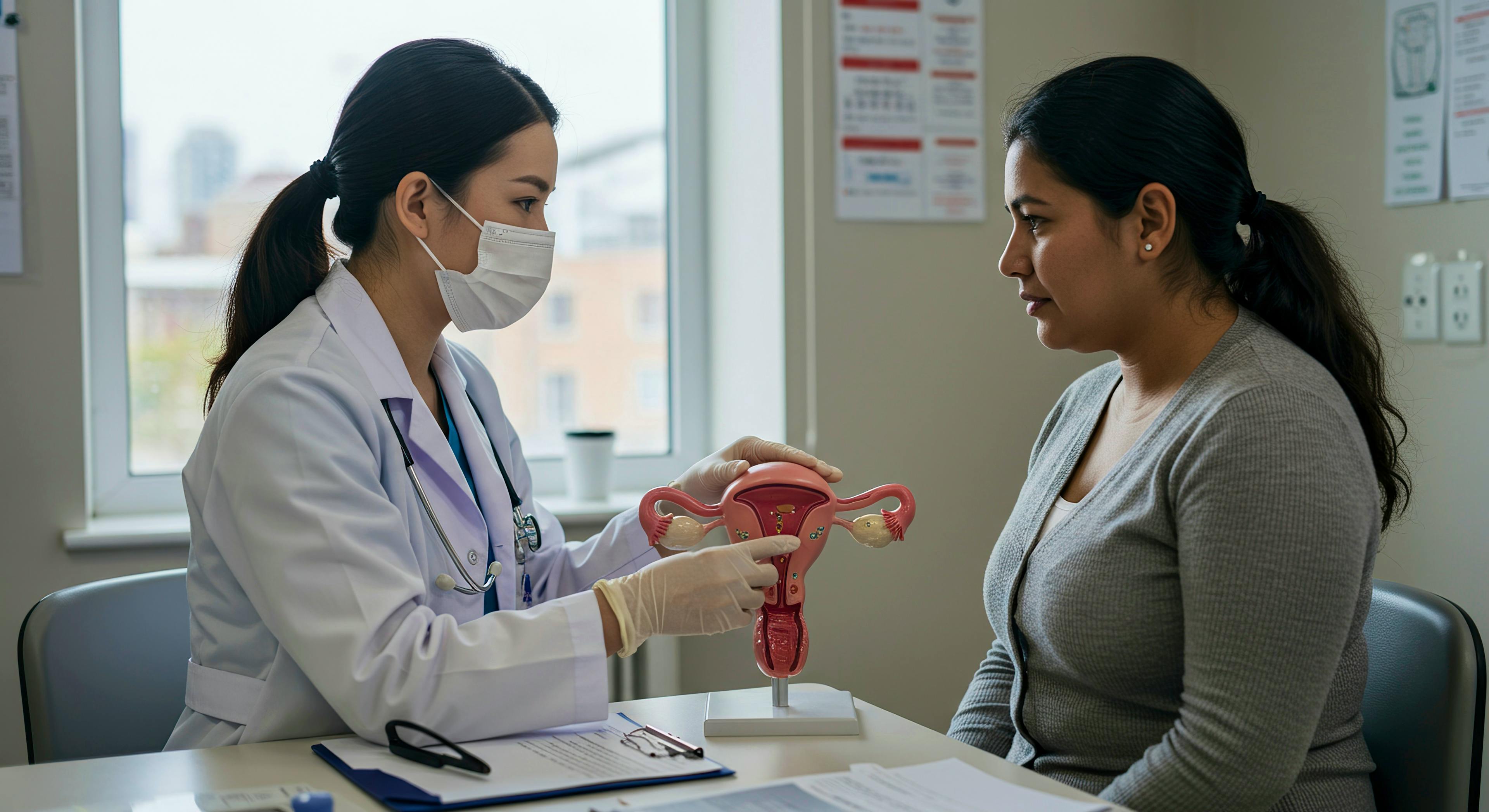 Doctor explaining female reproductive system model to patient.