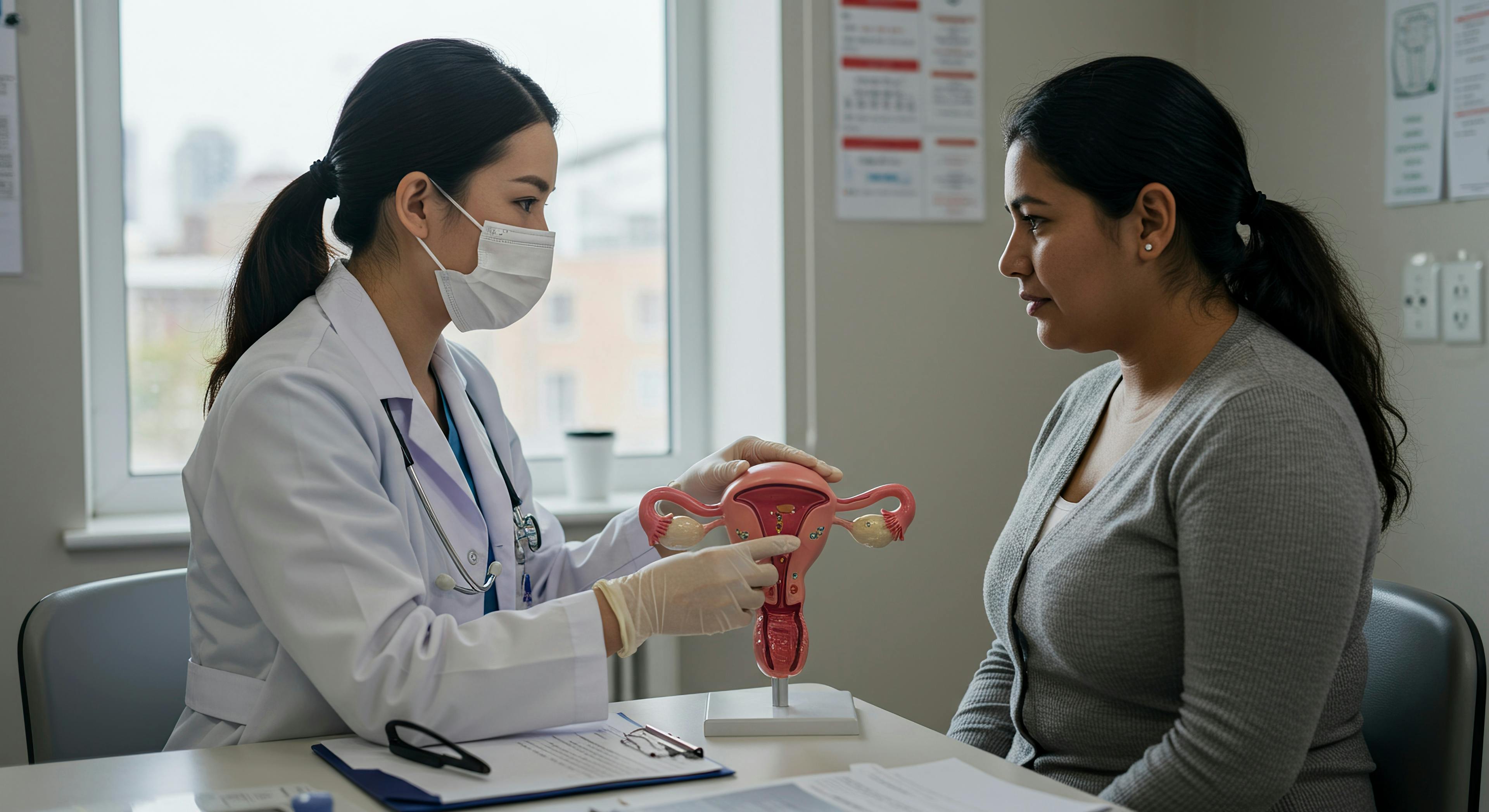 Doctor explaining female reproductive system model to patient.