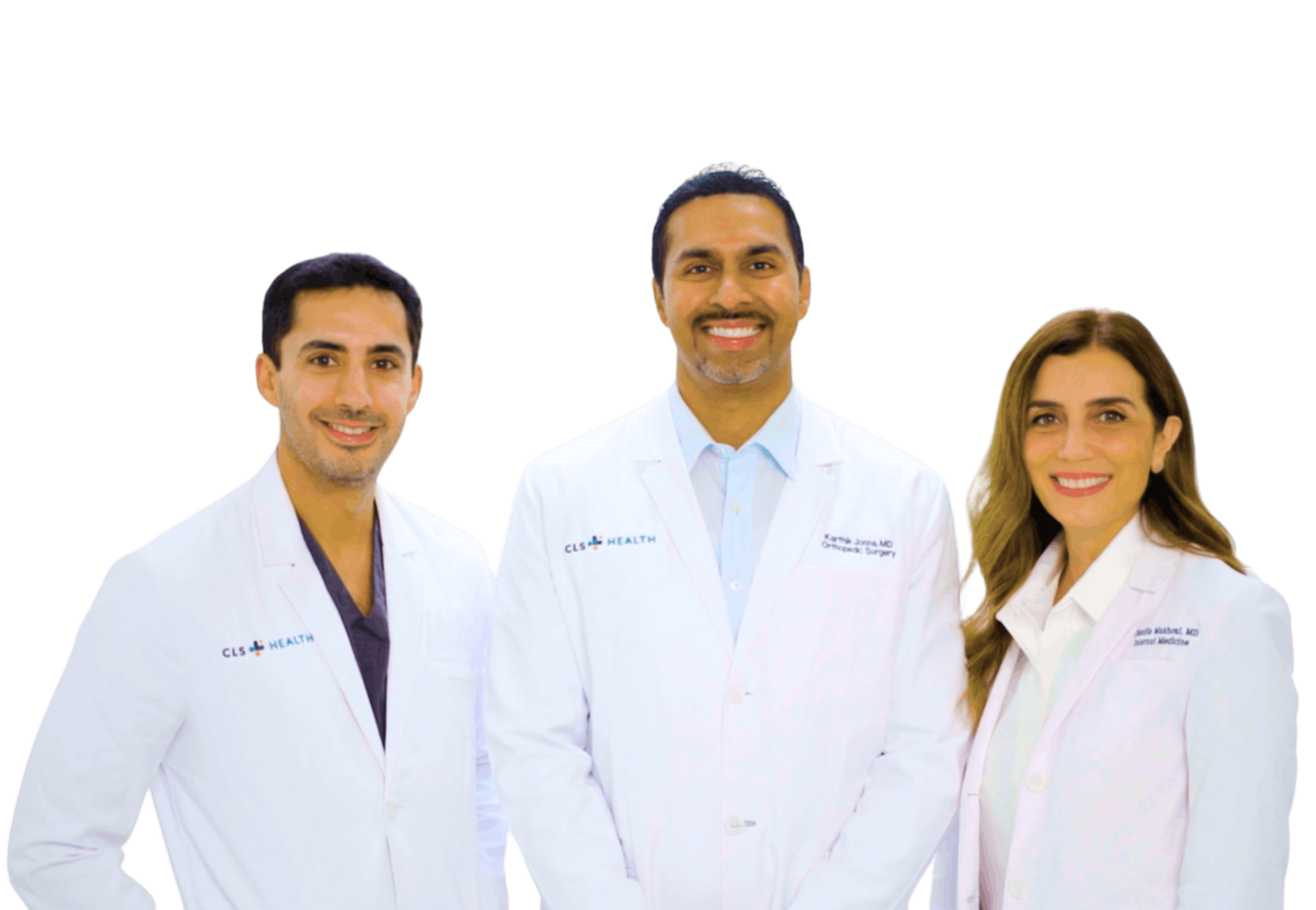 Three CLS Health doctors posing together, demonstrating teamwork and commitment to healthcare.