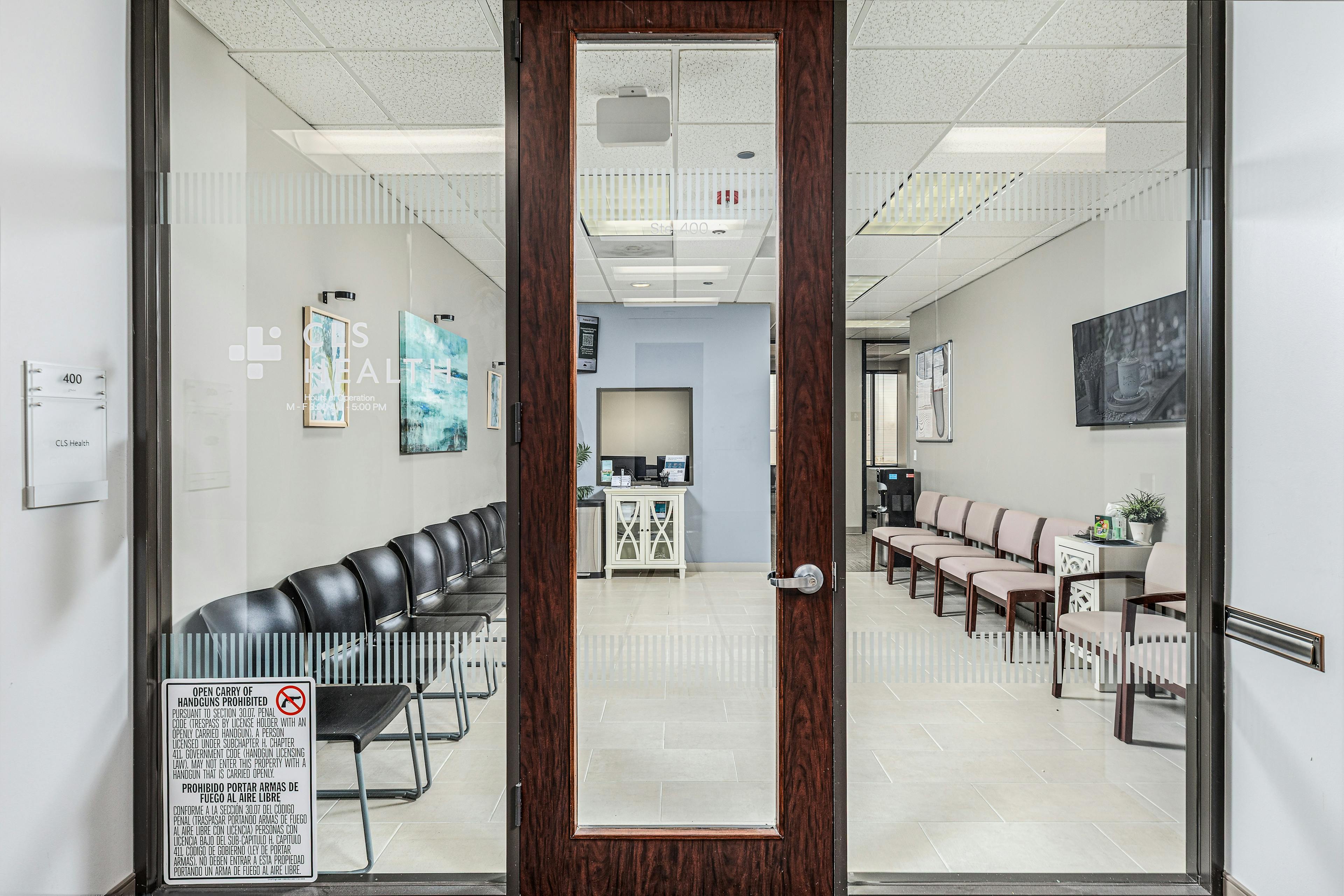 The entrance to the lobby of CLS Health Comprehensive Care Clinic - Sugar Land.