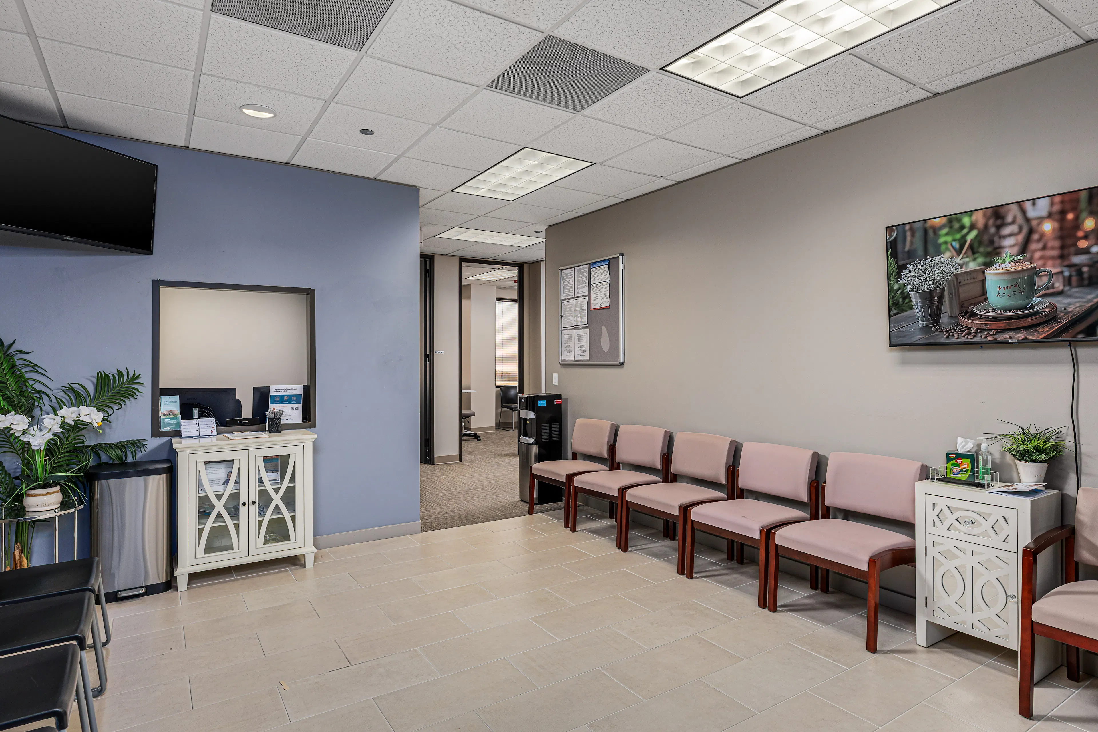 Comfortable, modern seating in our spacious waiting room.