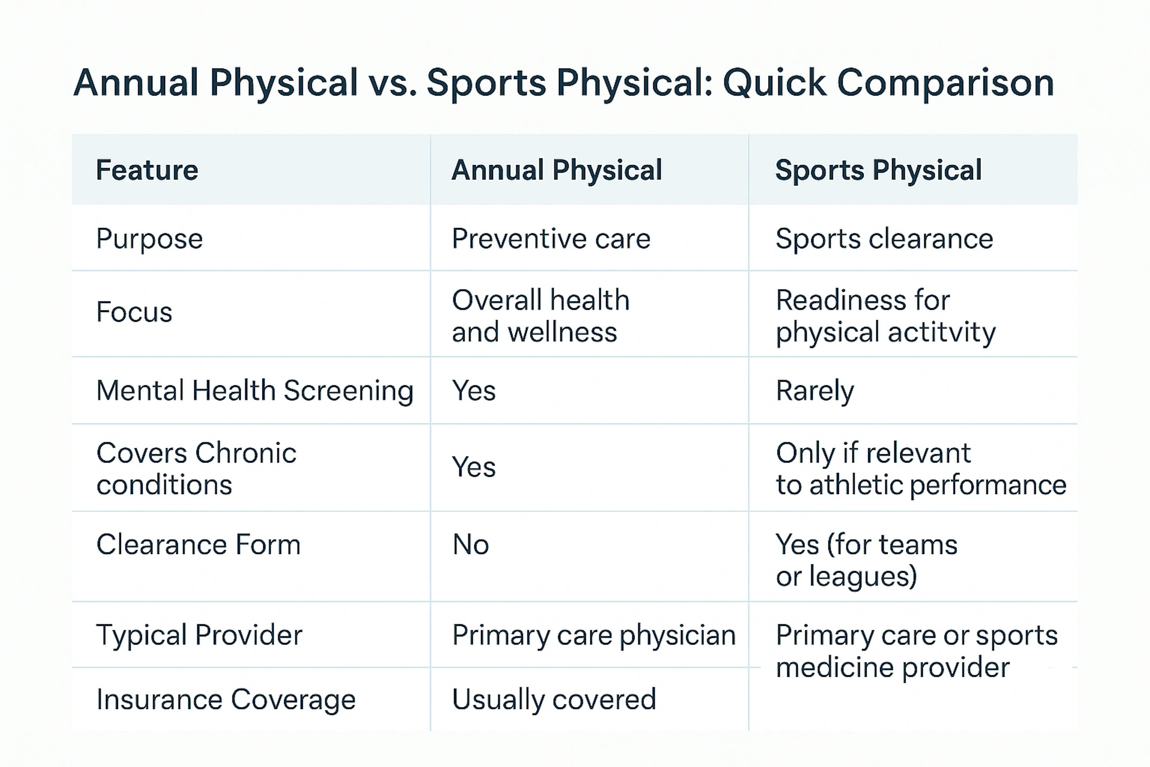 Comparison table titled "Annual Physical vs. Sports Physical: Quick Comparison" showing key differences across eight categories, including purpose, focus, mental health screening, chronic condition coverage, clearance forms, provider types, and insurance coverage.