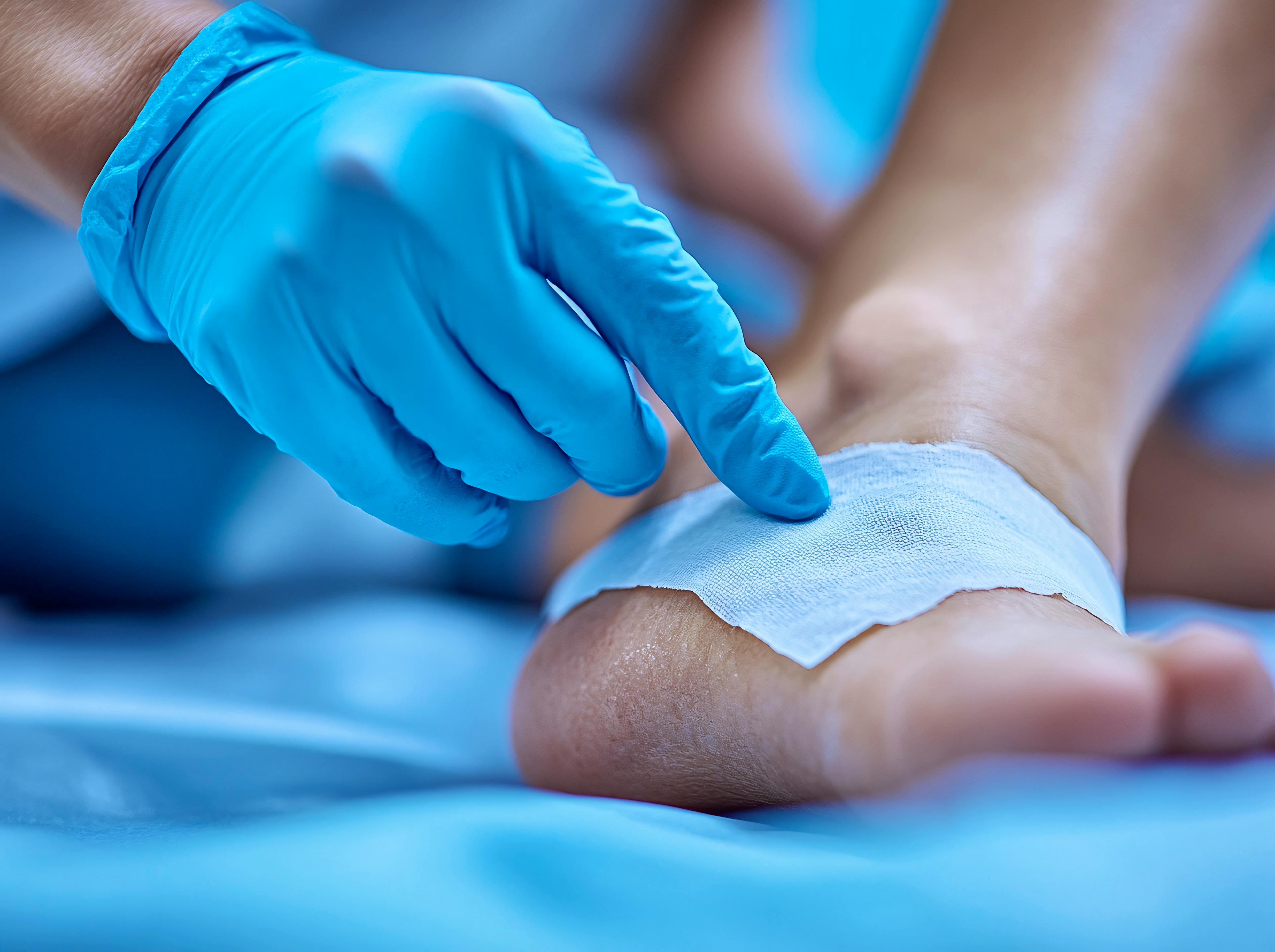 A nurse wearing blue gloves doing bandage on ulcer on a person's foot