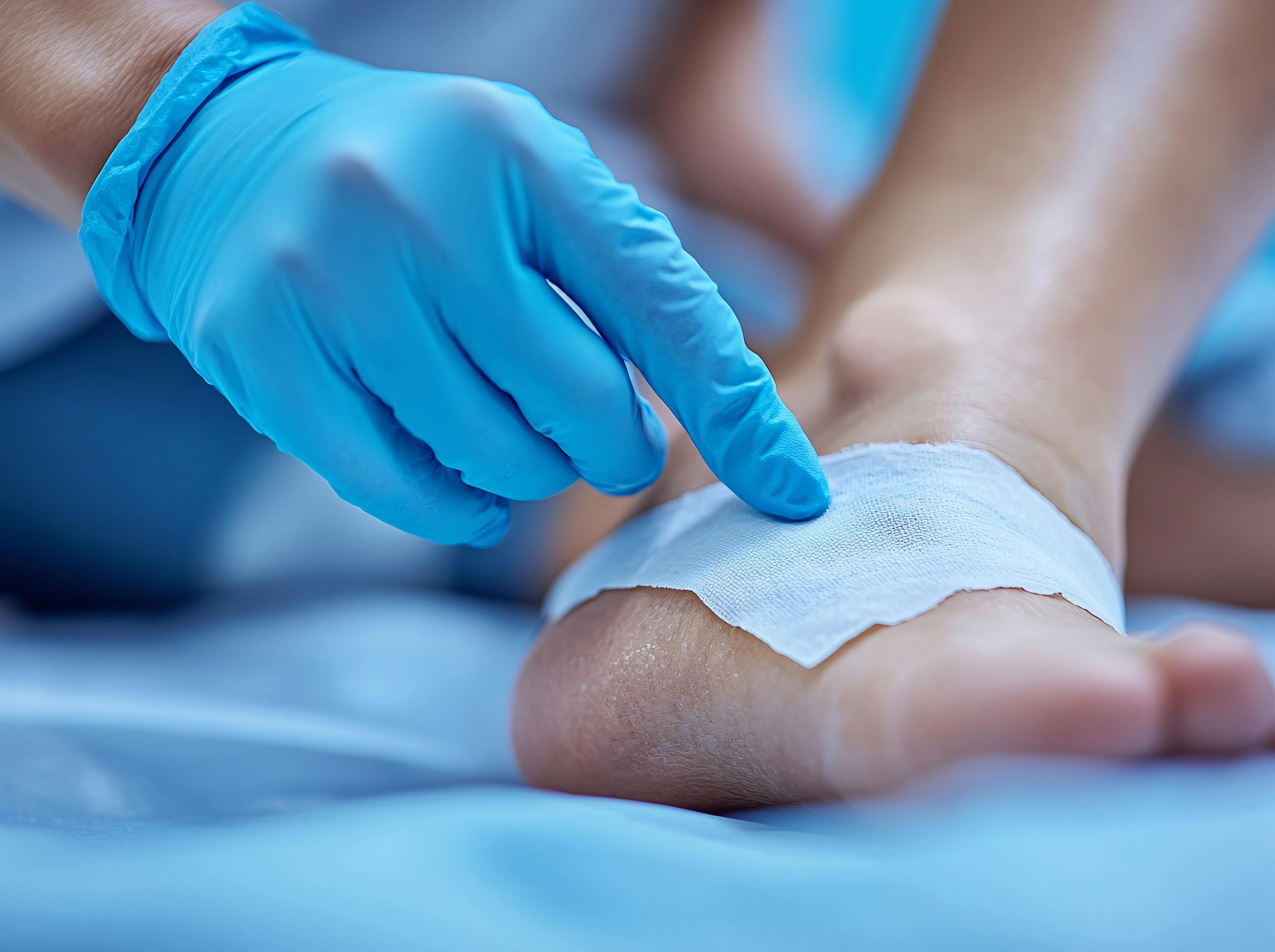 A nurse wearing blue gloves doing bandage on ulcer on a person's foot