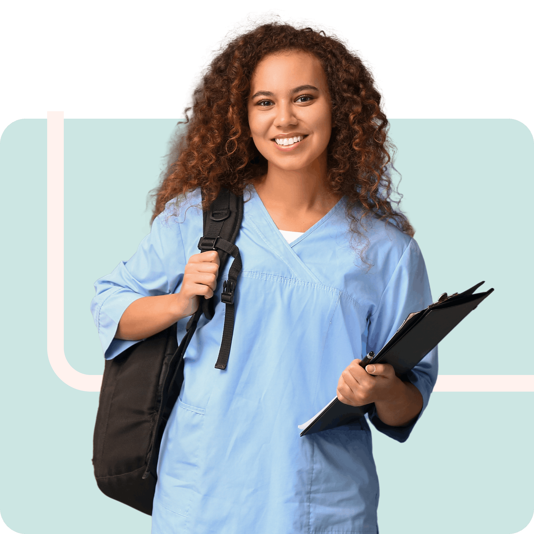 Nursing student with a backpack on over a teal background graphics.