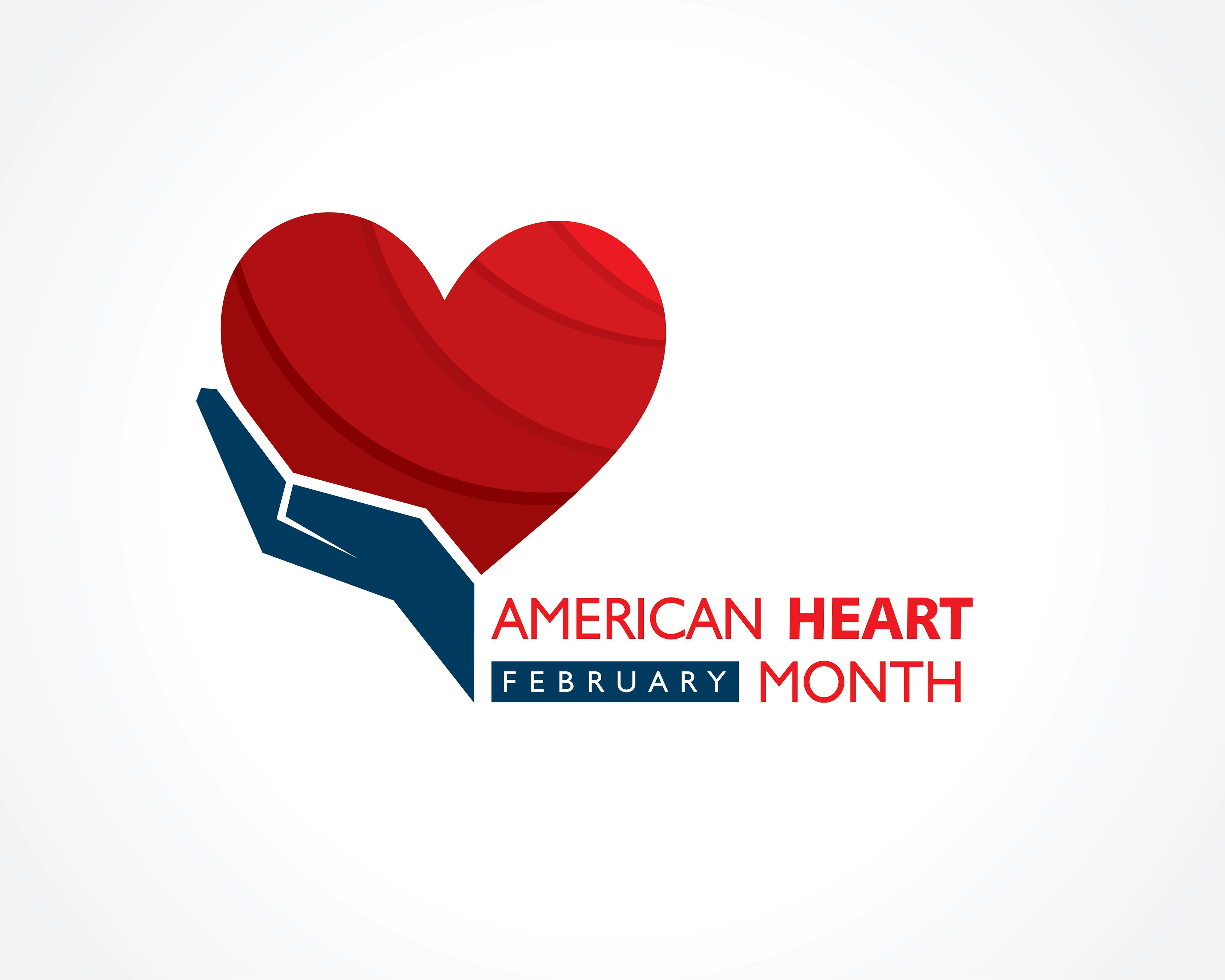 Graphic that shows hand holding heart with red text that says, "American Heart Month" and white text that says "February"