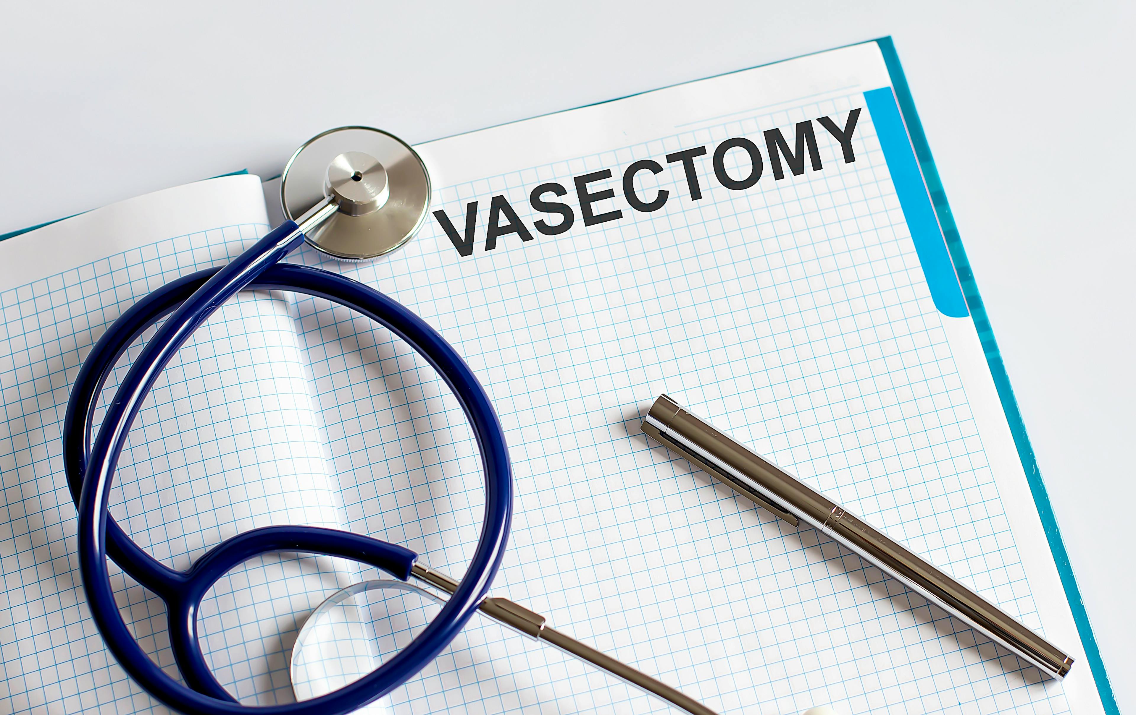 Picture of a notebook, stethoscope, and pen with the word Vasectomy written on it