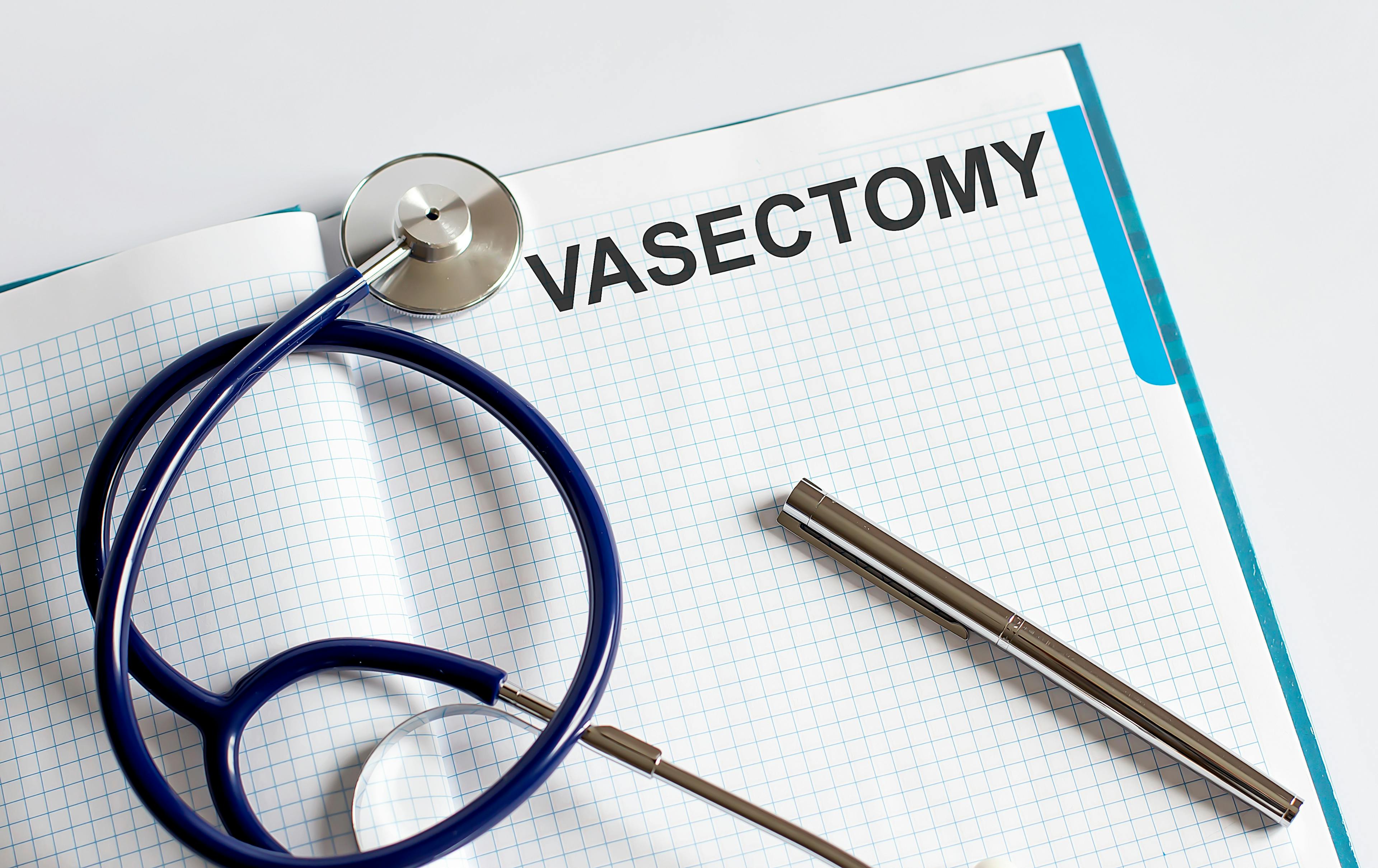 Picture of a notebook, stethoscope, and pen with the word Vasectomy written on it