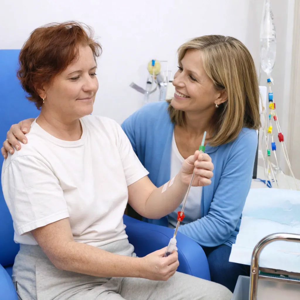 A middle-aged woman is doing home dialysis treatment. She is accompanied by a woman for moral support.