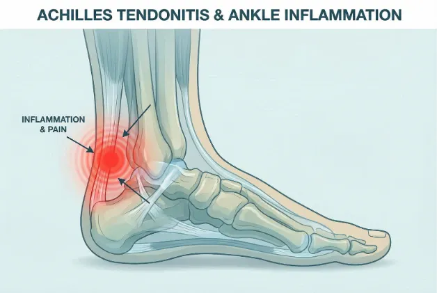 A graphic showing where ankle inflammation and pain occurs as a result of Achilles tendonitis.