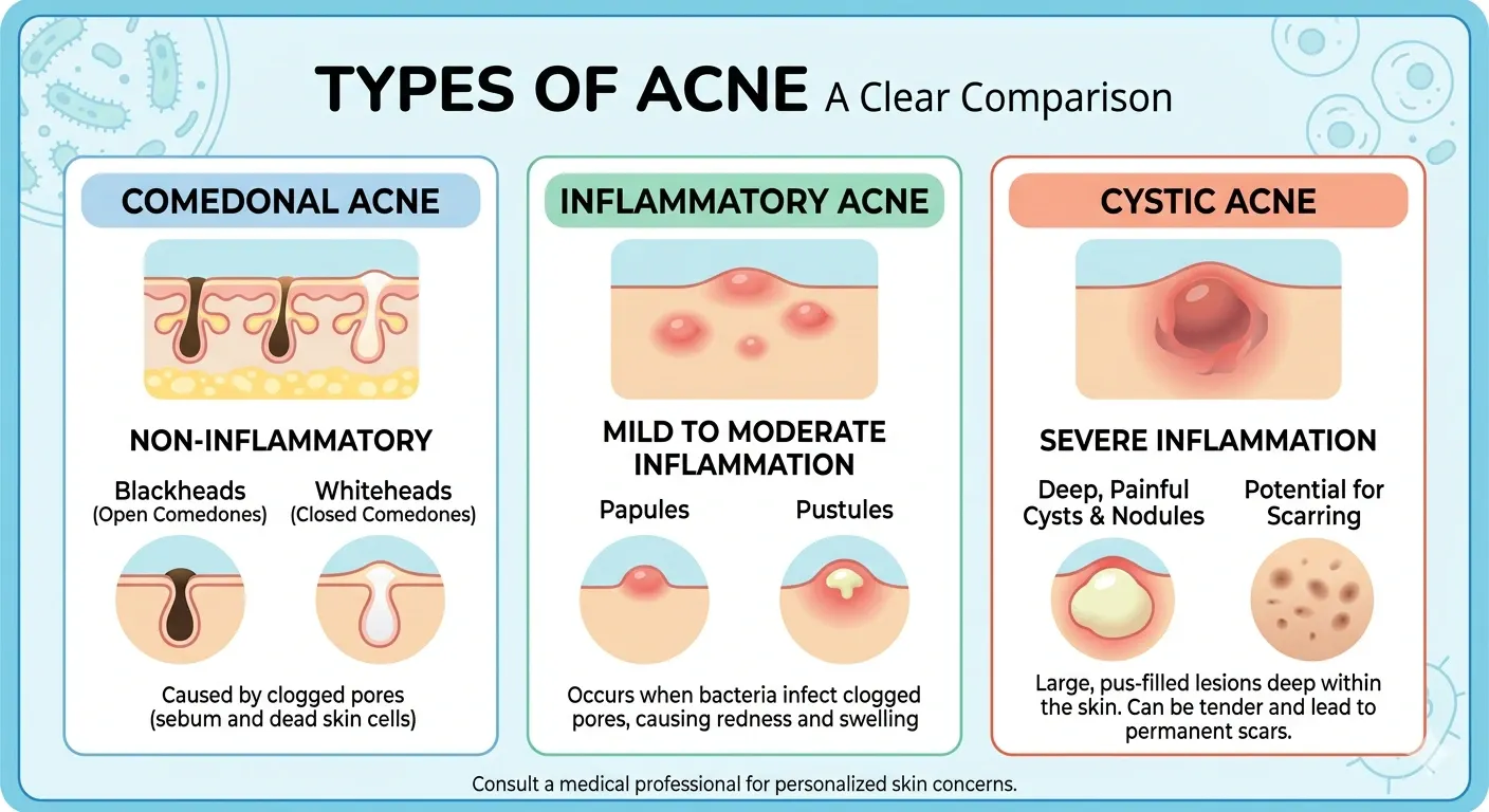 A graphic showing comedonal, inflammatory, and cystic acne.