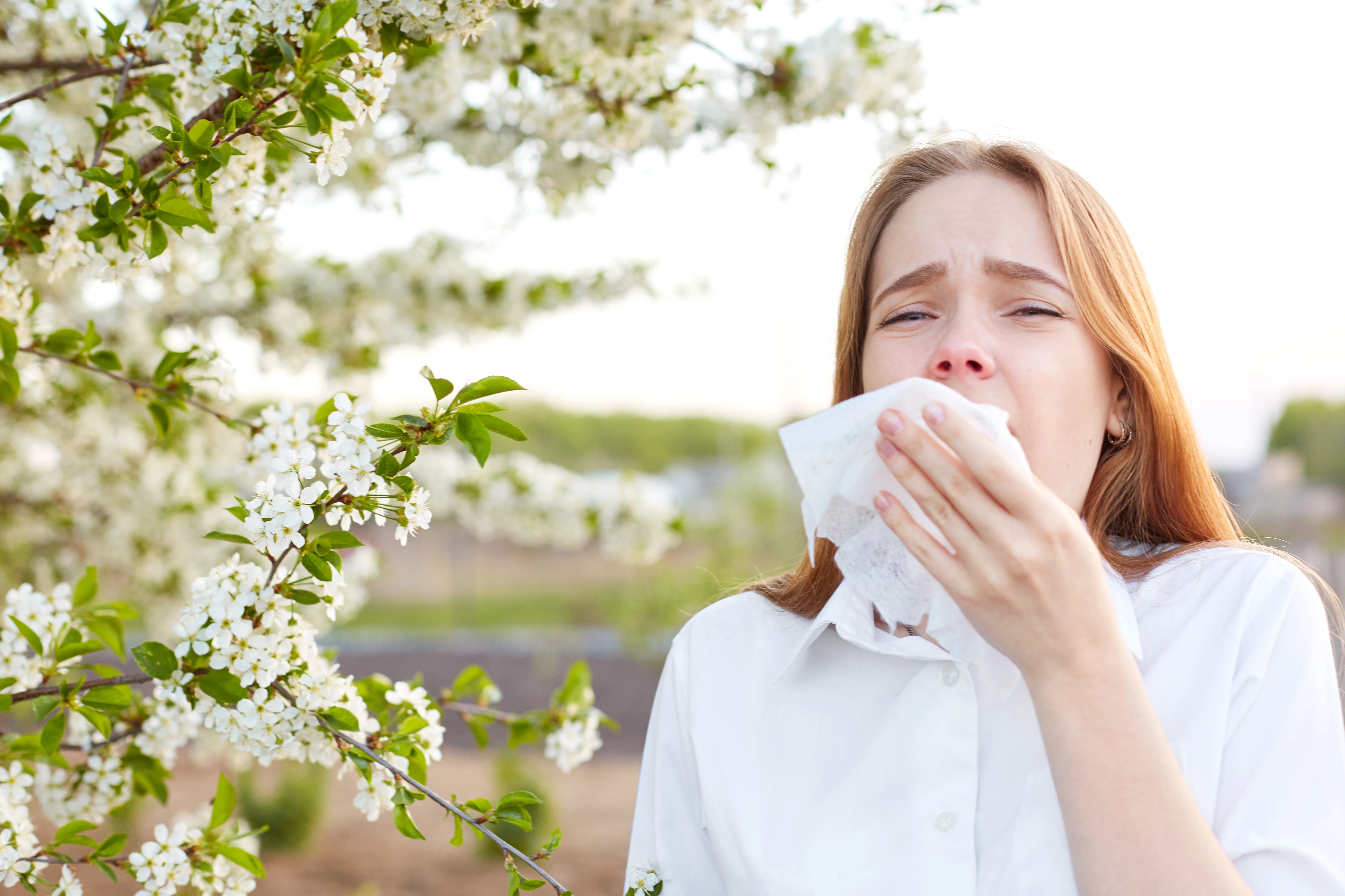 A woman with allergic rhinitis is blowing her nose, showing visible discomfort next to flowers.