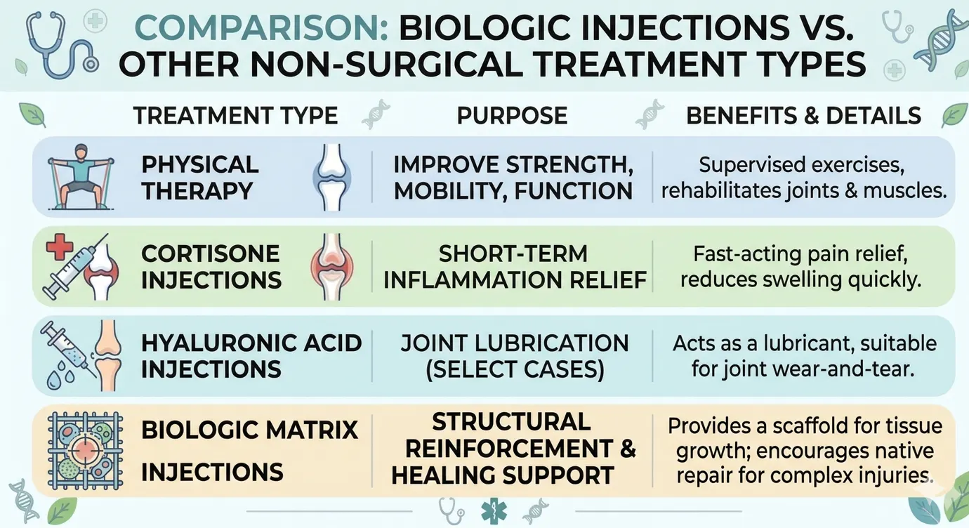 Table comparing treatment types for biologic injections vs. other non-surgical treatment types.