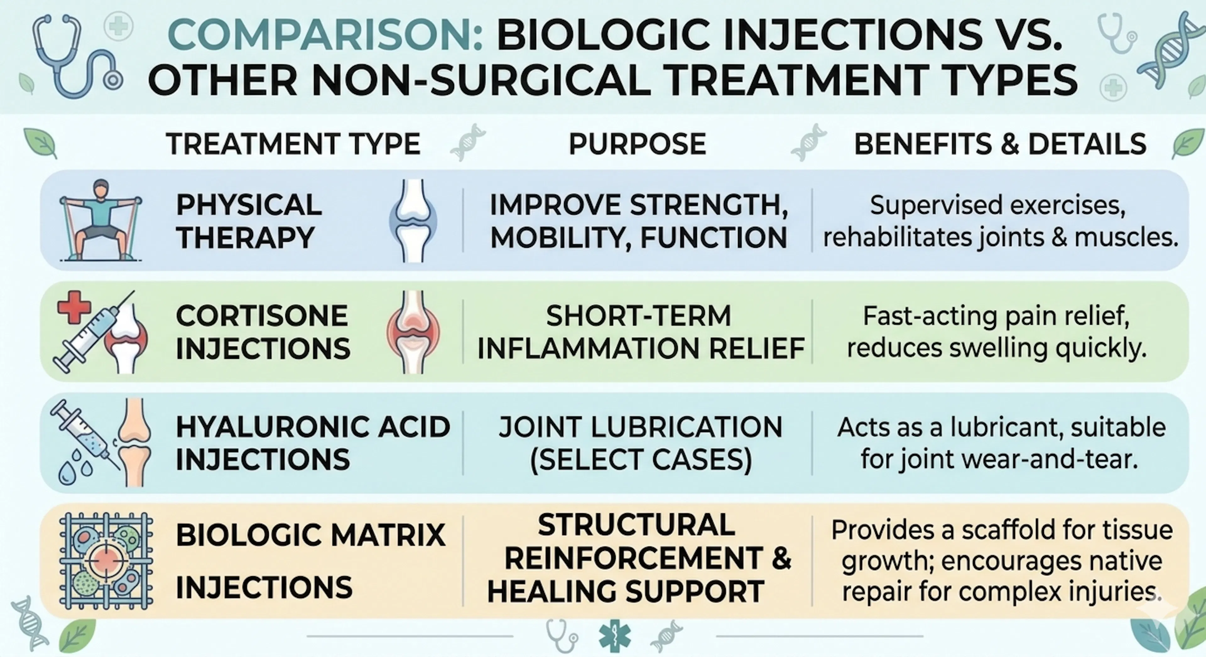 Table comparing treatment types for biologic injections vs. other non-surgical treatment types. 