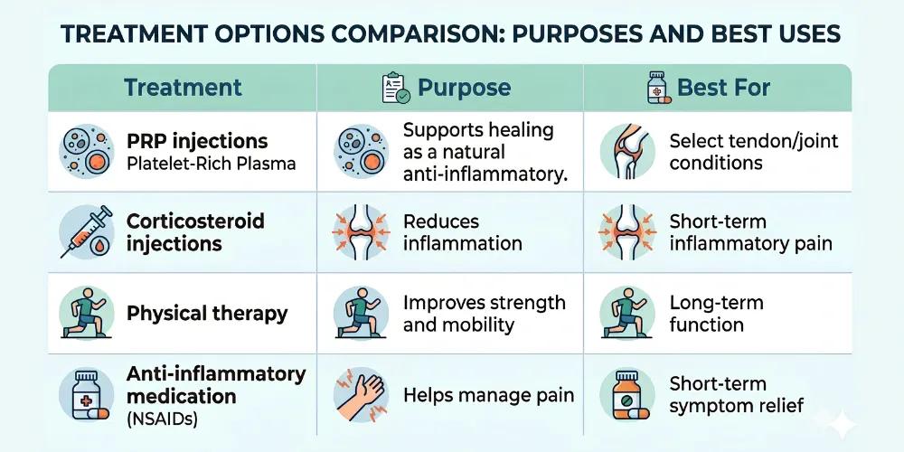 A table showing the different uses for different injections.