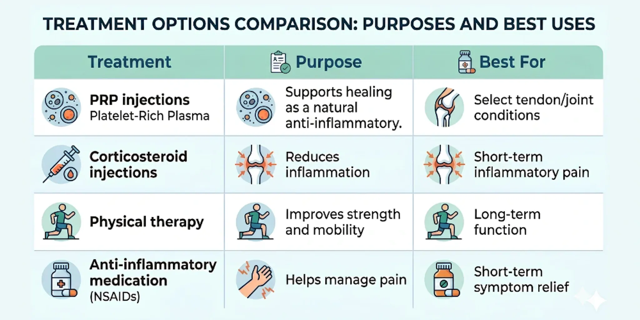 A table showing the different uses for different injections.