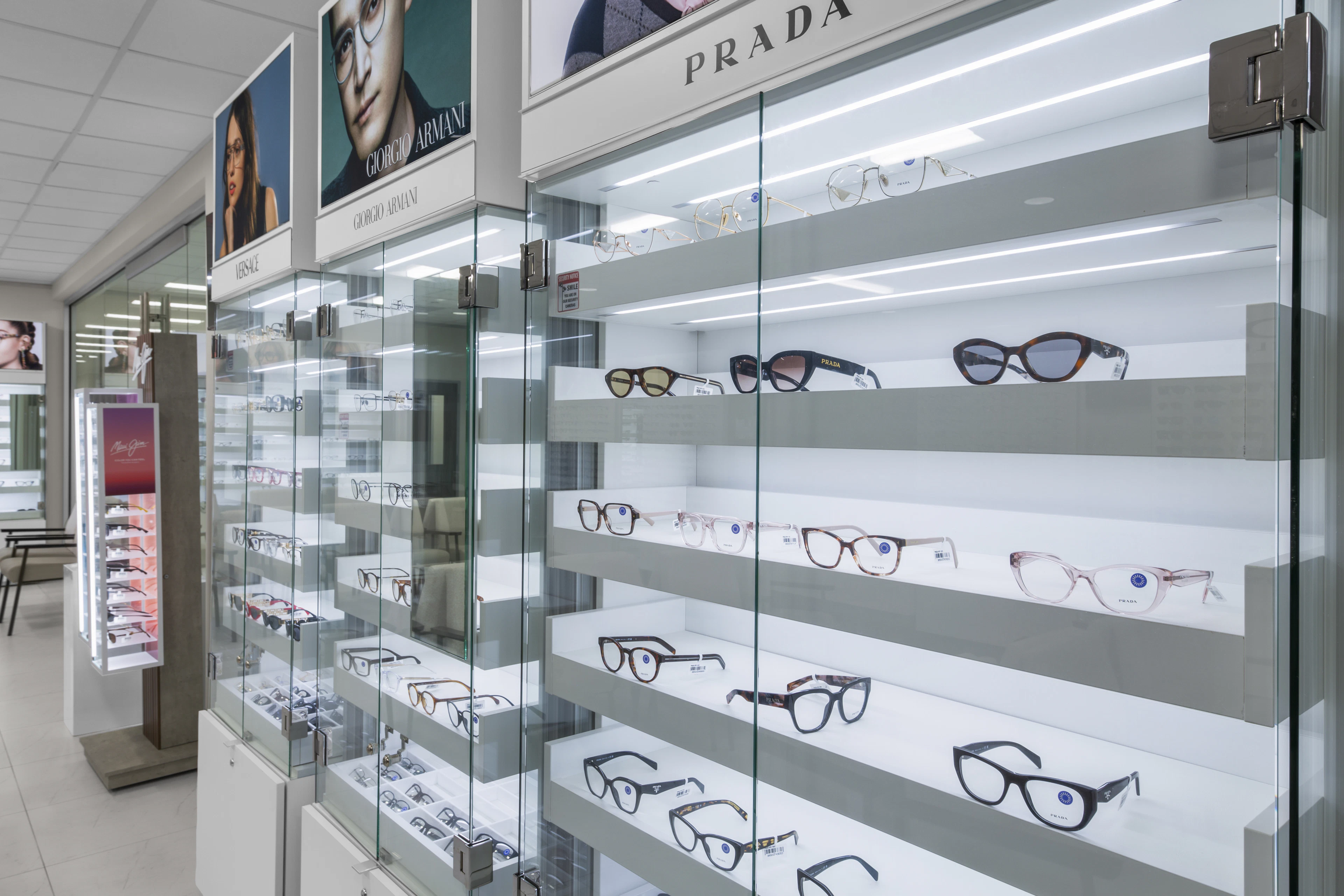 Image of frames in retail display at an optical shop in Webster, TX