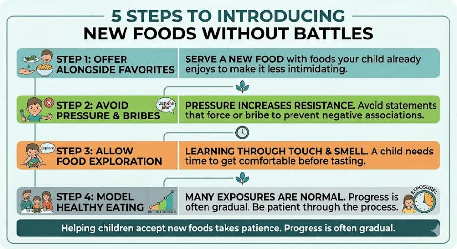 A table showing 5 steps to introducing kids to new foods without resistance.