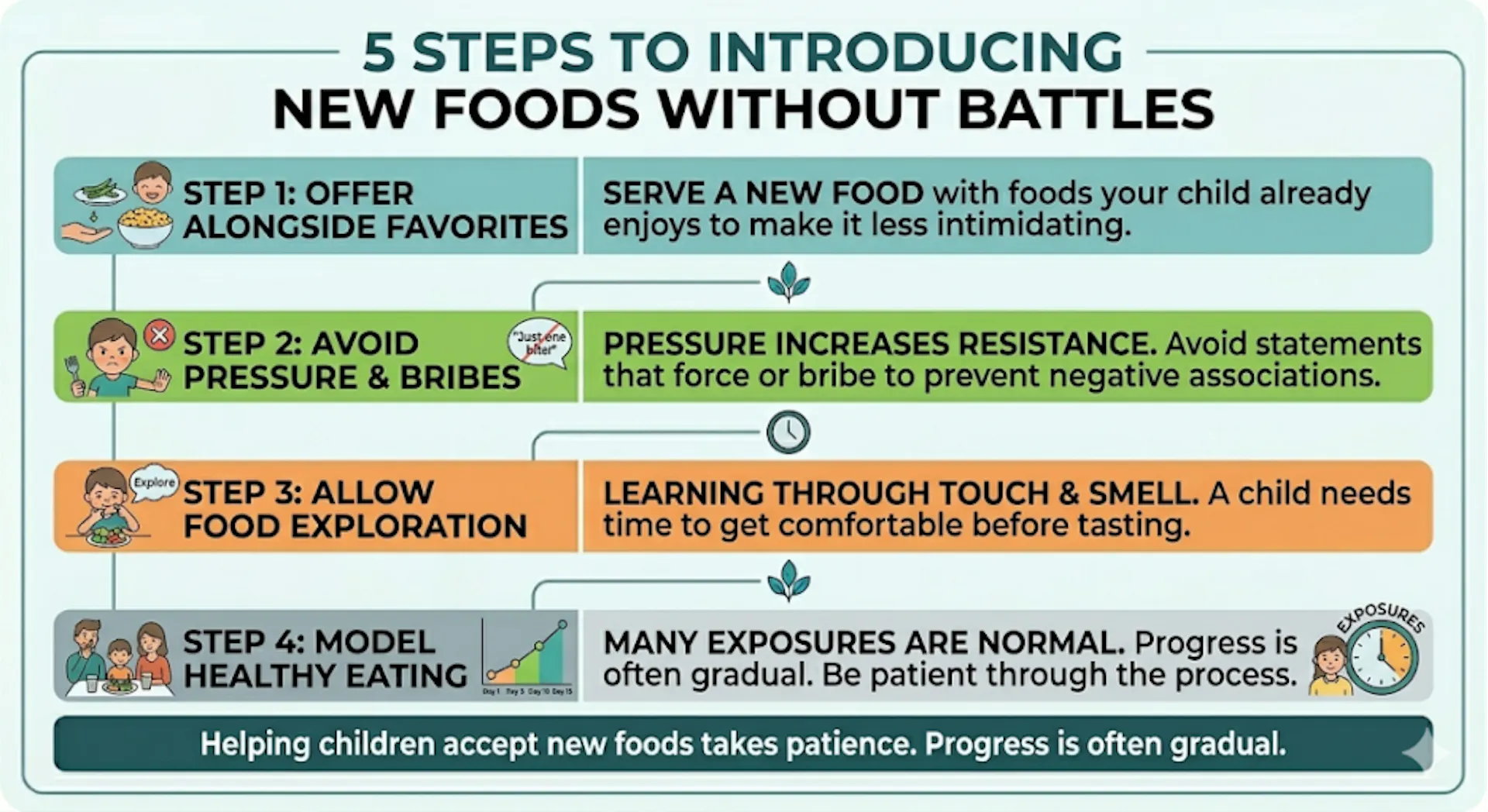 A table showing 5 steps to introducing kids to new foods without resistance. 