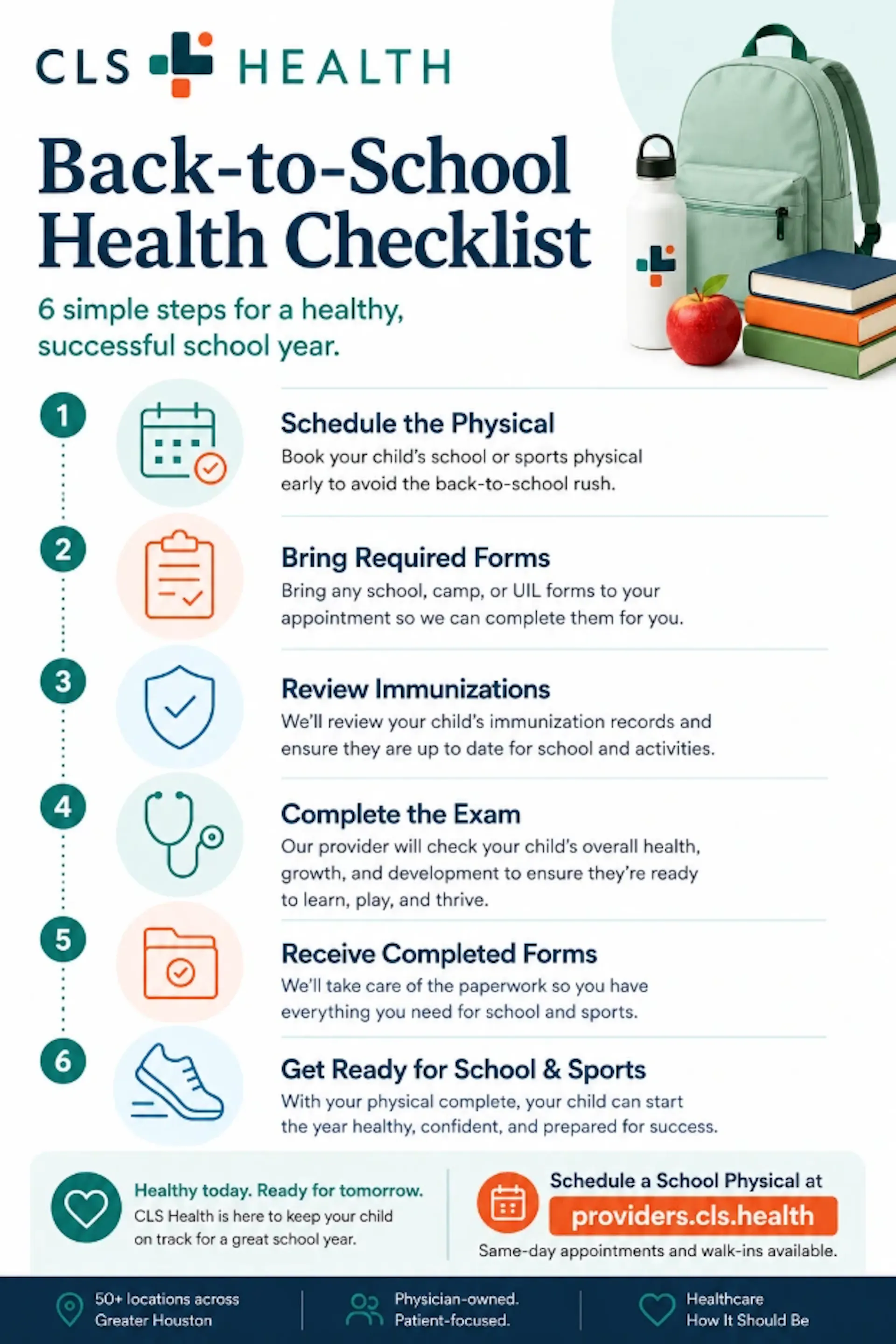 An infographic of a health checklist for back to school season for kids.