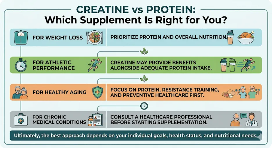 A table showing whether protein or creatine is best suited for your goals.