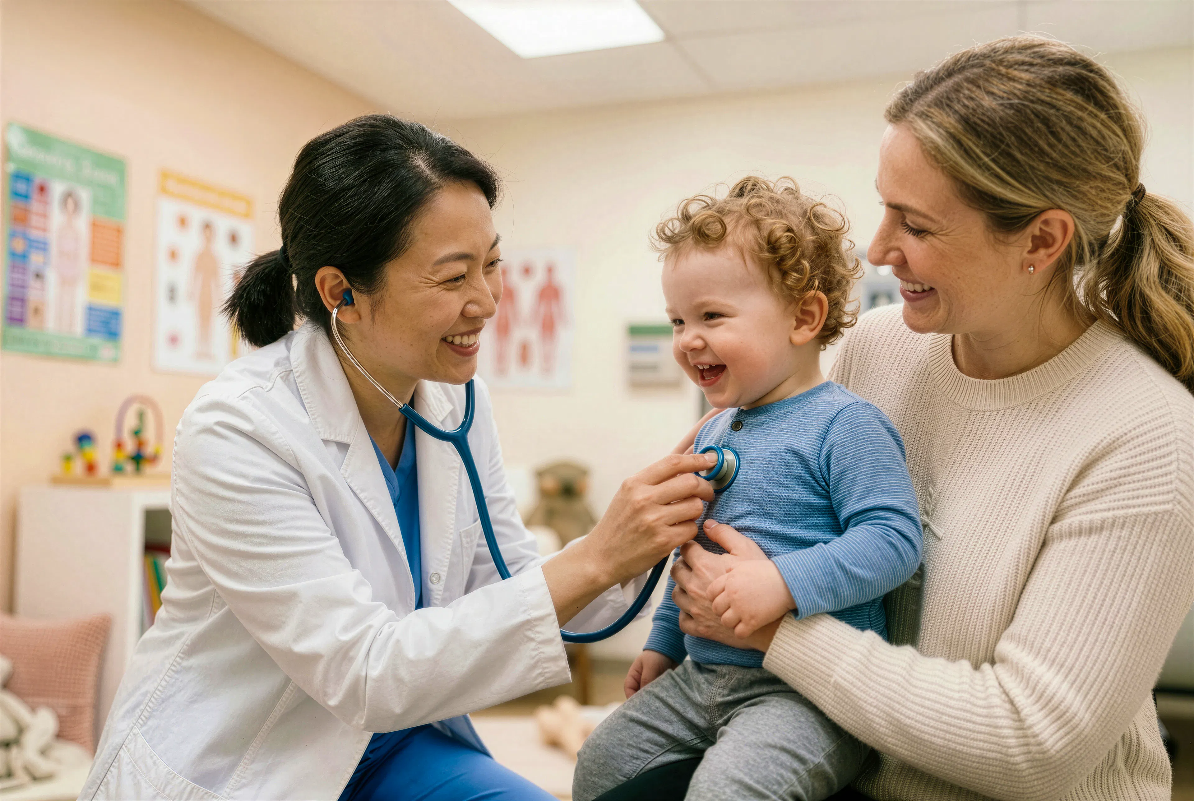 A female pediatrician is using a stethoscope on a toddler, who is being held by their smiling mother. 