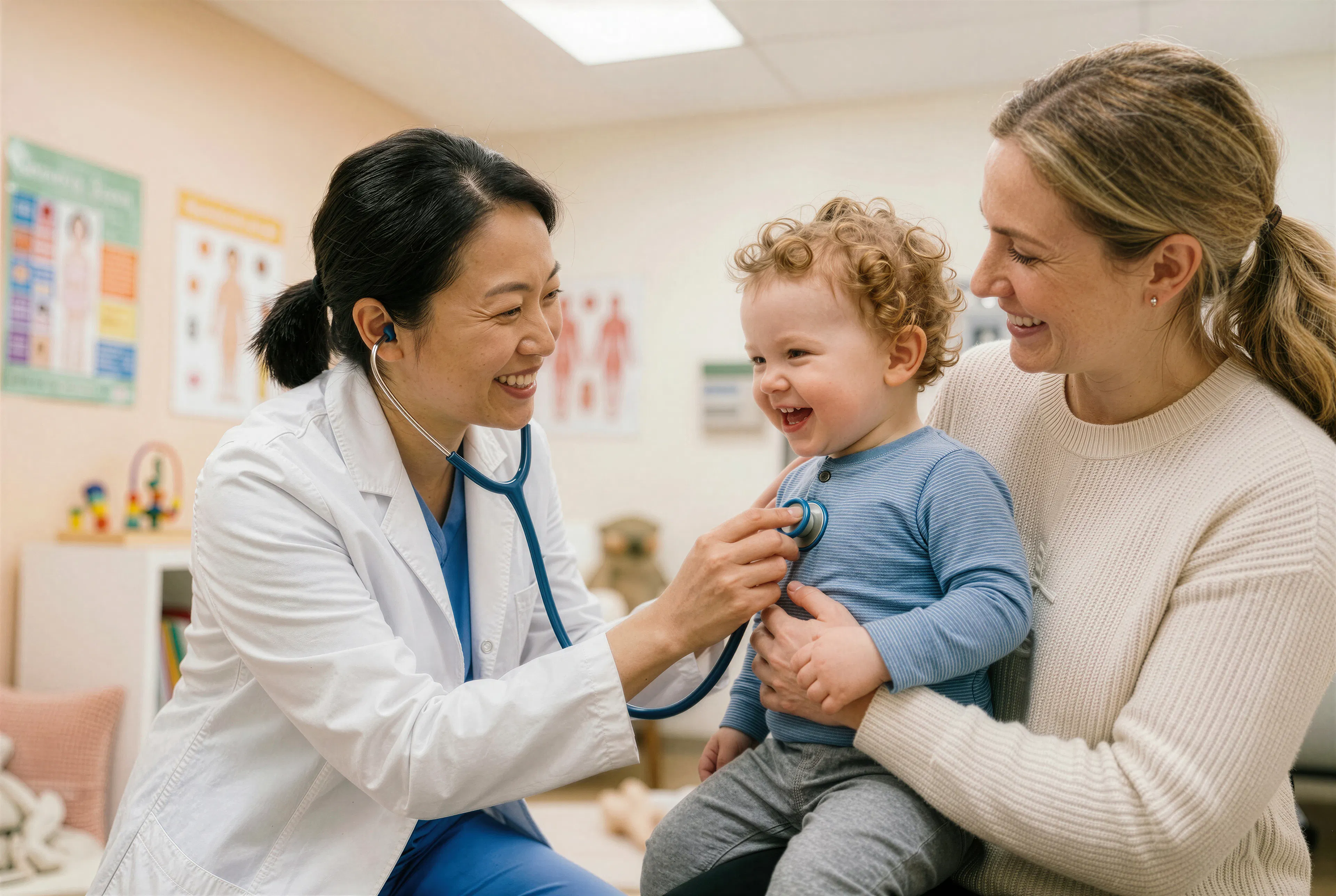 A female pediatrician is using a stethoscope on a toddler, who is being held by their smiling mother. 