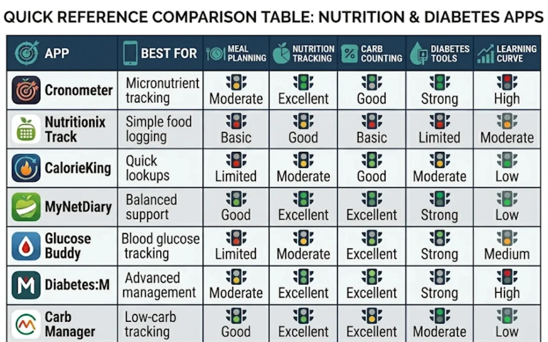 A table comparing the different apps you can use for nutrition and food tracking. 