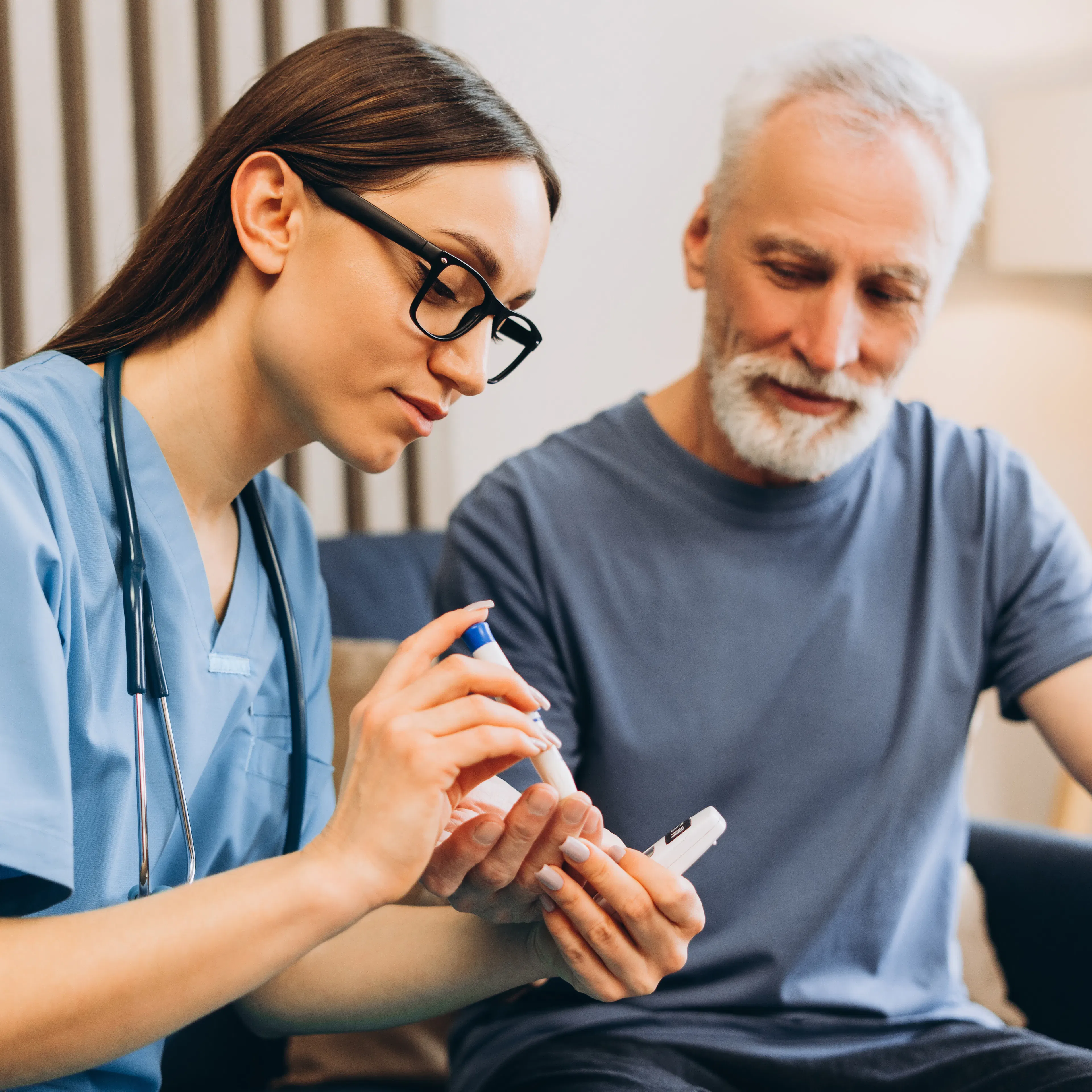 An endocrinologist is helping a patient check their blood sugar to manage diabetes.
