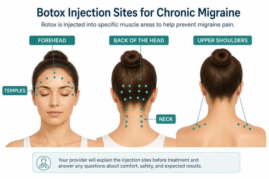 An infographic showing the different injection sites for chronic migraines.