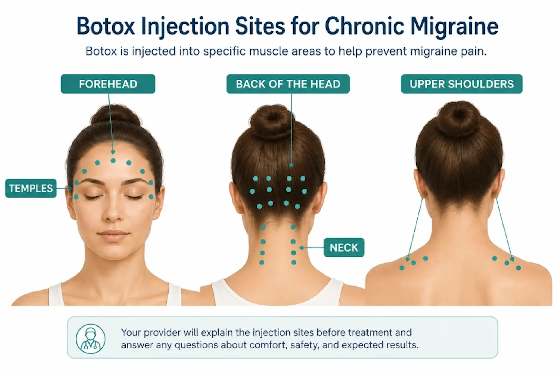 An infographic showing the different injection sites for chronic migraines.