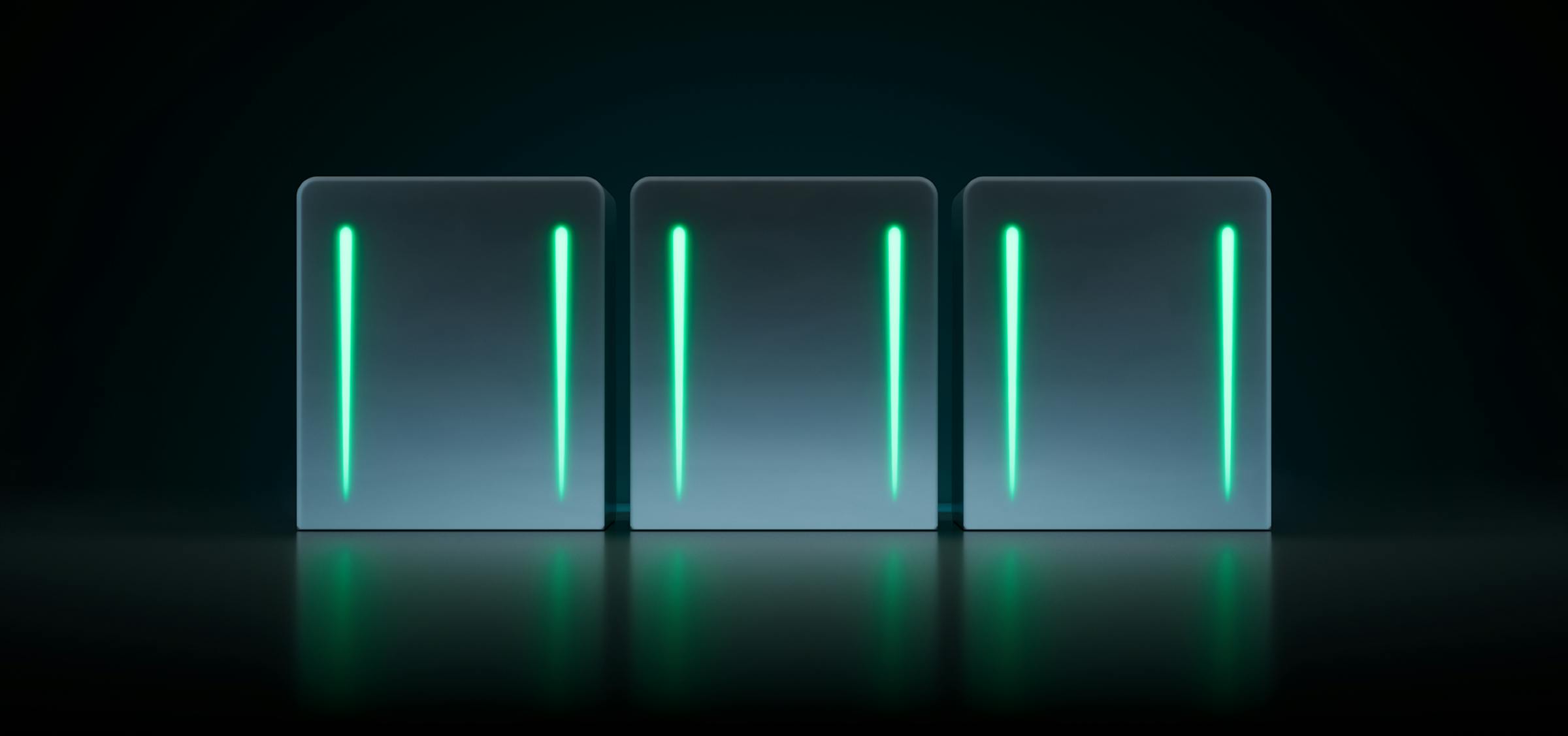 Unsere Organic Solid-Flow Batterien – grün beleuchtete Batteriemodule