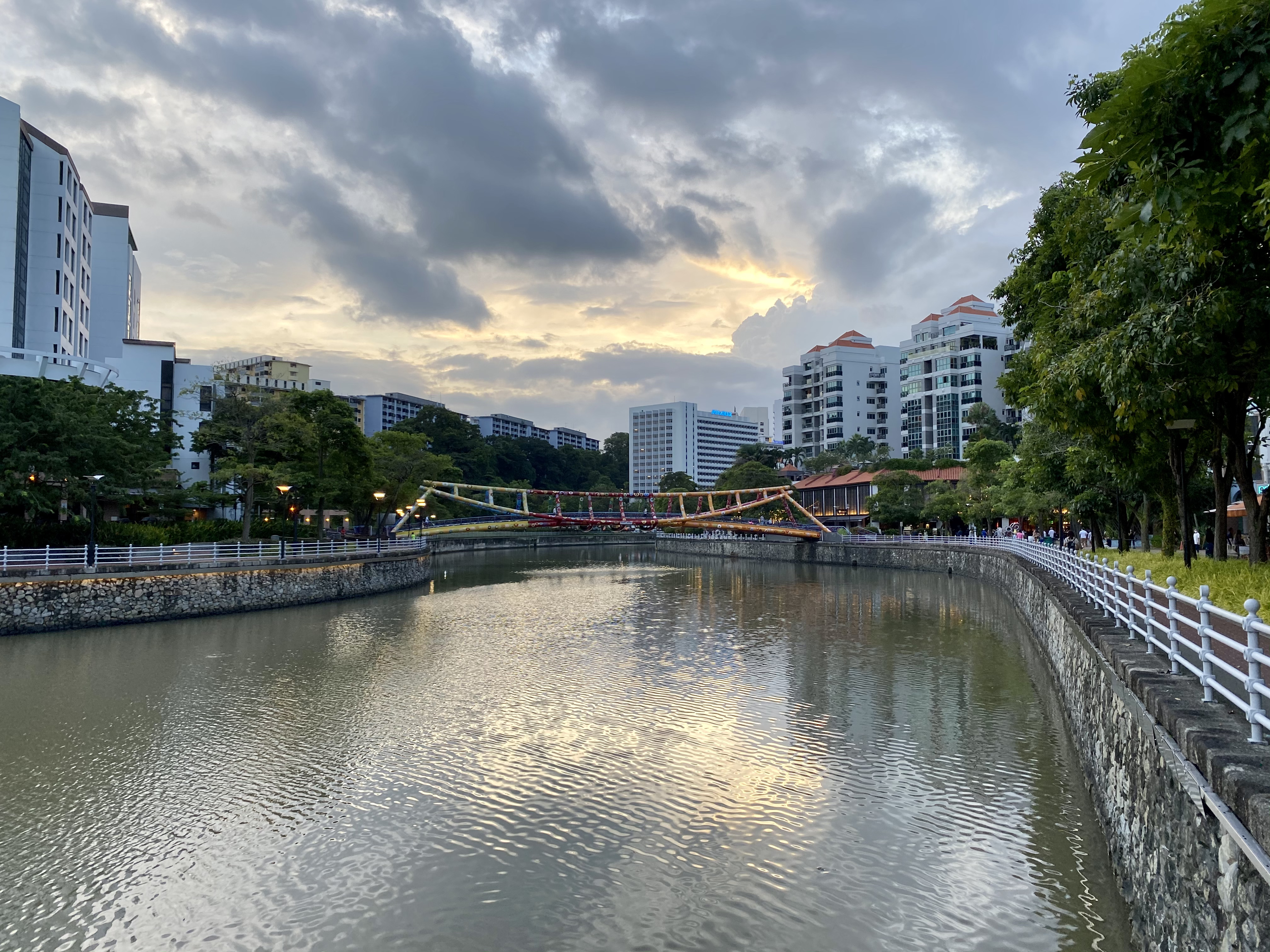 The Singapore River, from Robertson Quay looking at the Alkaff Bridge, at sunset