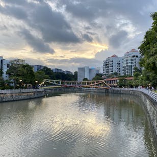The Singapore River, from Robertson Quay looking at the Alkaff Bridge, at sunset