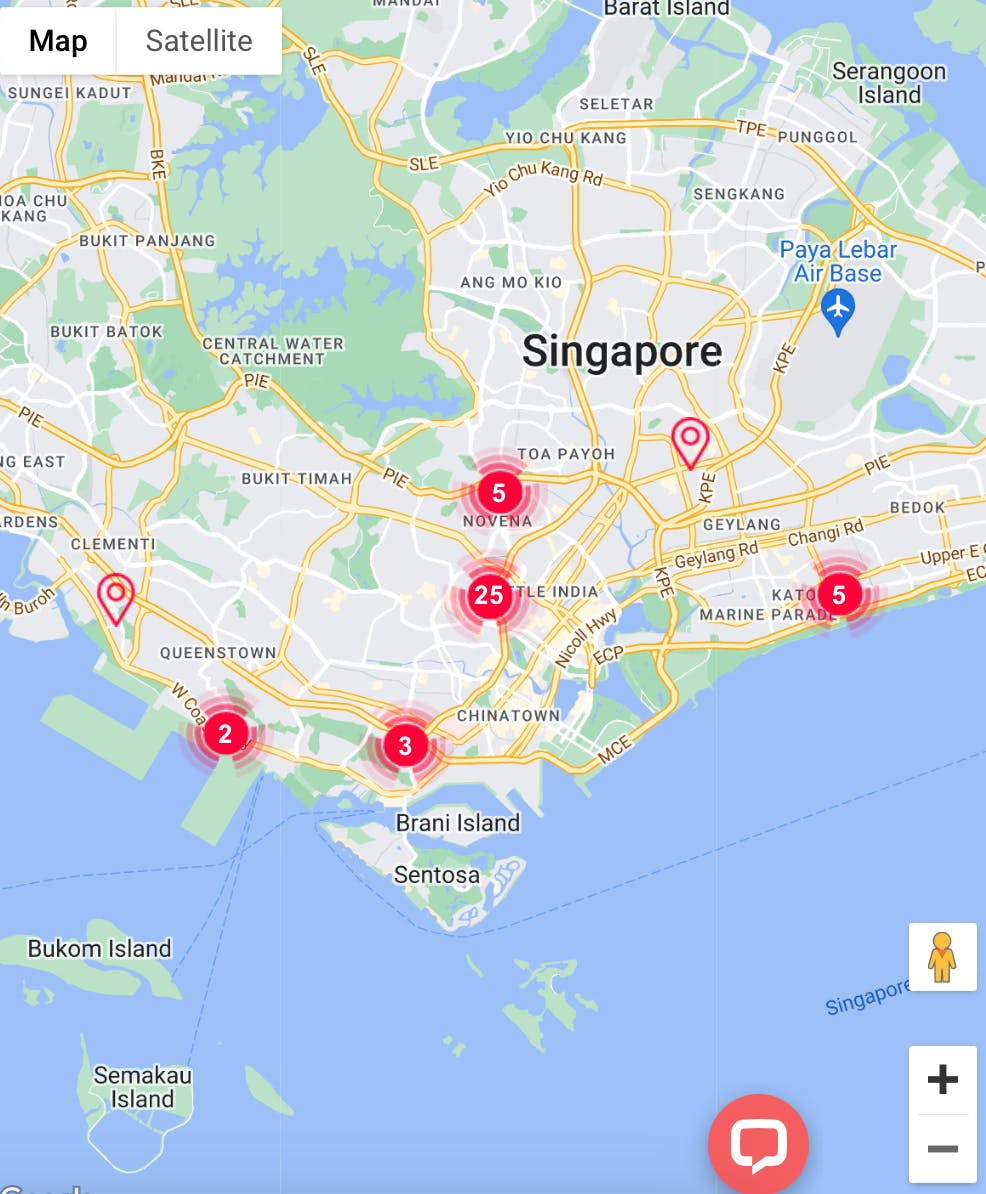 map of singapore with different locations pinned